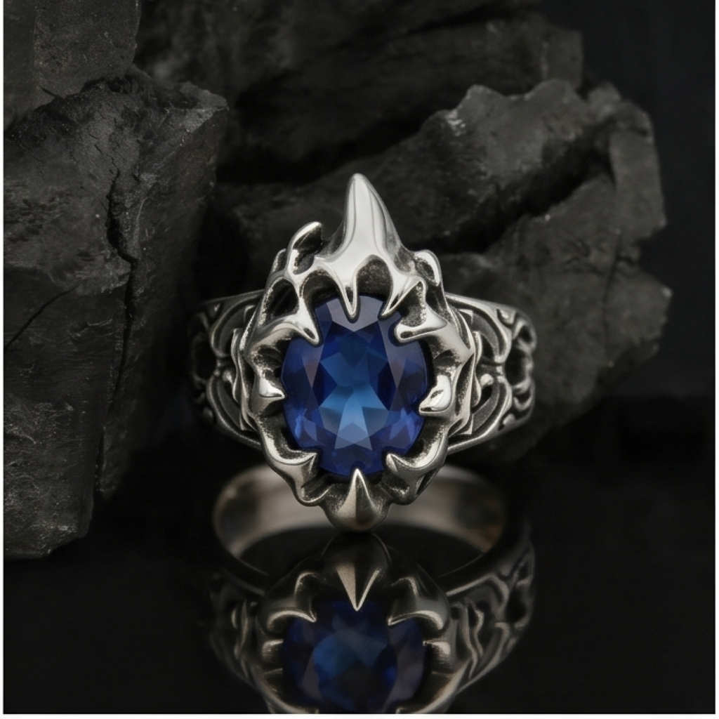 Yuuzo 925 Japan Blue Stone Claw Ring • Aggressive Gothic Design Adjustable Ring with Sharp Wrap Setting, Dark Aesthetic Statement Jewelry