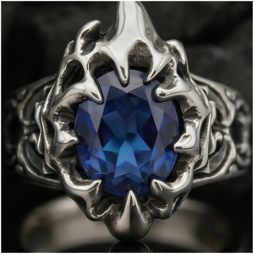 Yuuzo 925 Japan Blue Stone Claw Ring • Aggressive Gothic Design Adjustable Ring with Sharp Wrap Setting, Dark Aesthetic Statement Jewelry