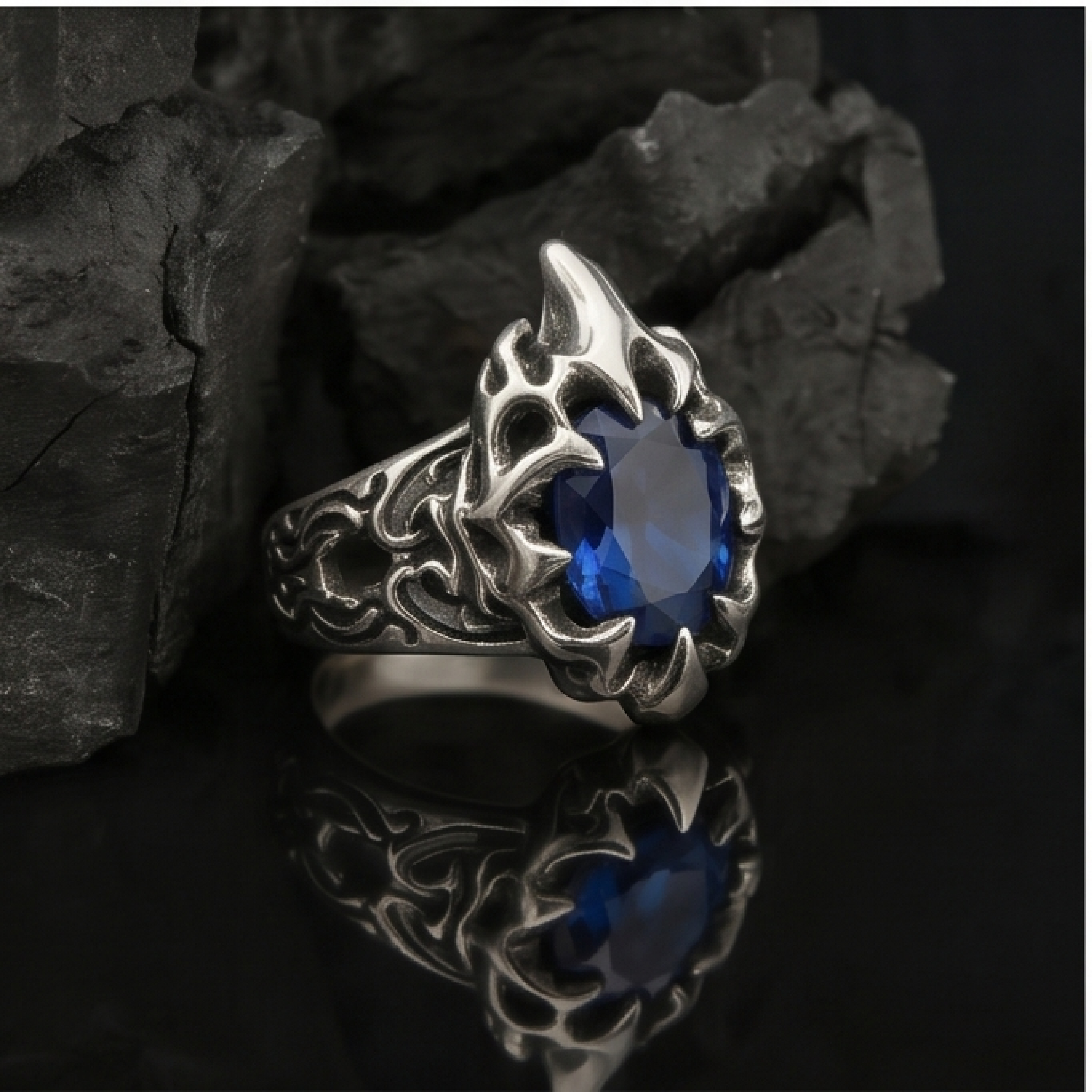 Yuuzo 925 Japan Blue Stone Claw Ring • Aggressive Gothic Design Adjustable Ring with Sharp Wrap Setting, Dark Aesthetic Statement Jewelry