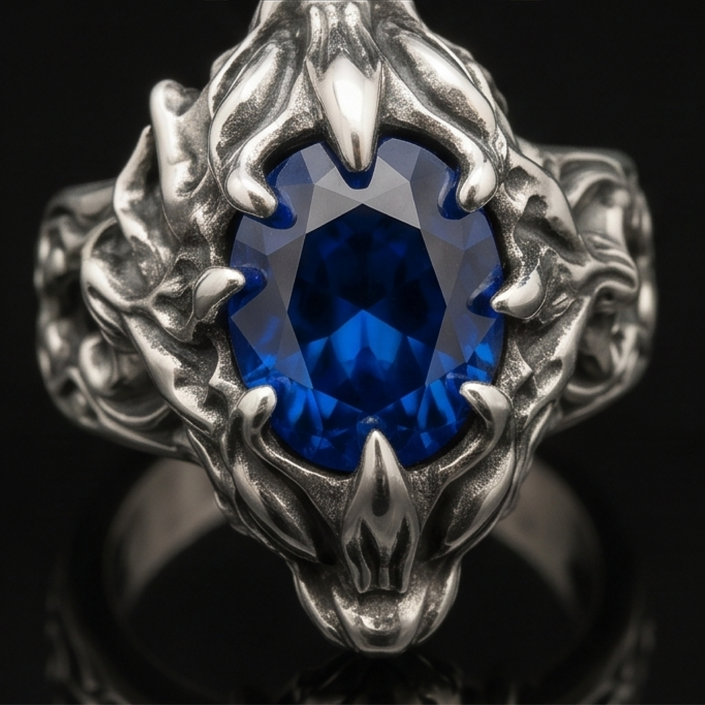 Yuuzo 925 Japan Dragon Claw Blue Stone Ring • Bold Gothic Adjustable Ring with Detailed Design for Statement Jewelry, Dark Style Outfit and Unisex Fashion