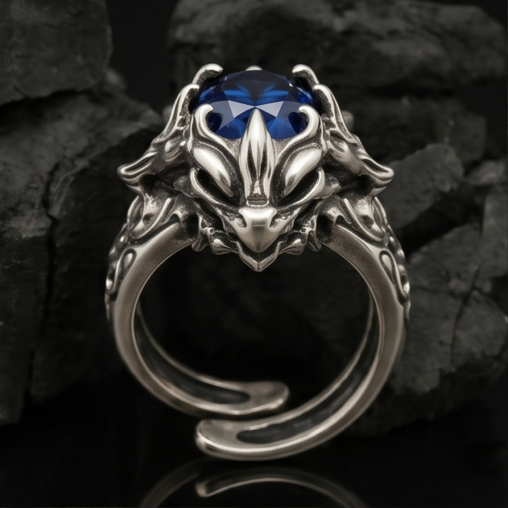 Yuuzo 925 Japan Dragon Claw Blue Stone Ring • Bold Gothic Adjustable Ring with Detailed Design for Statement Jewelry, Dark Style Outfit and Unisex Fashion