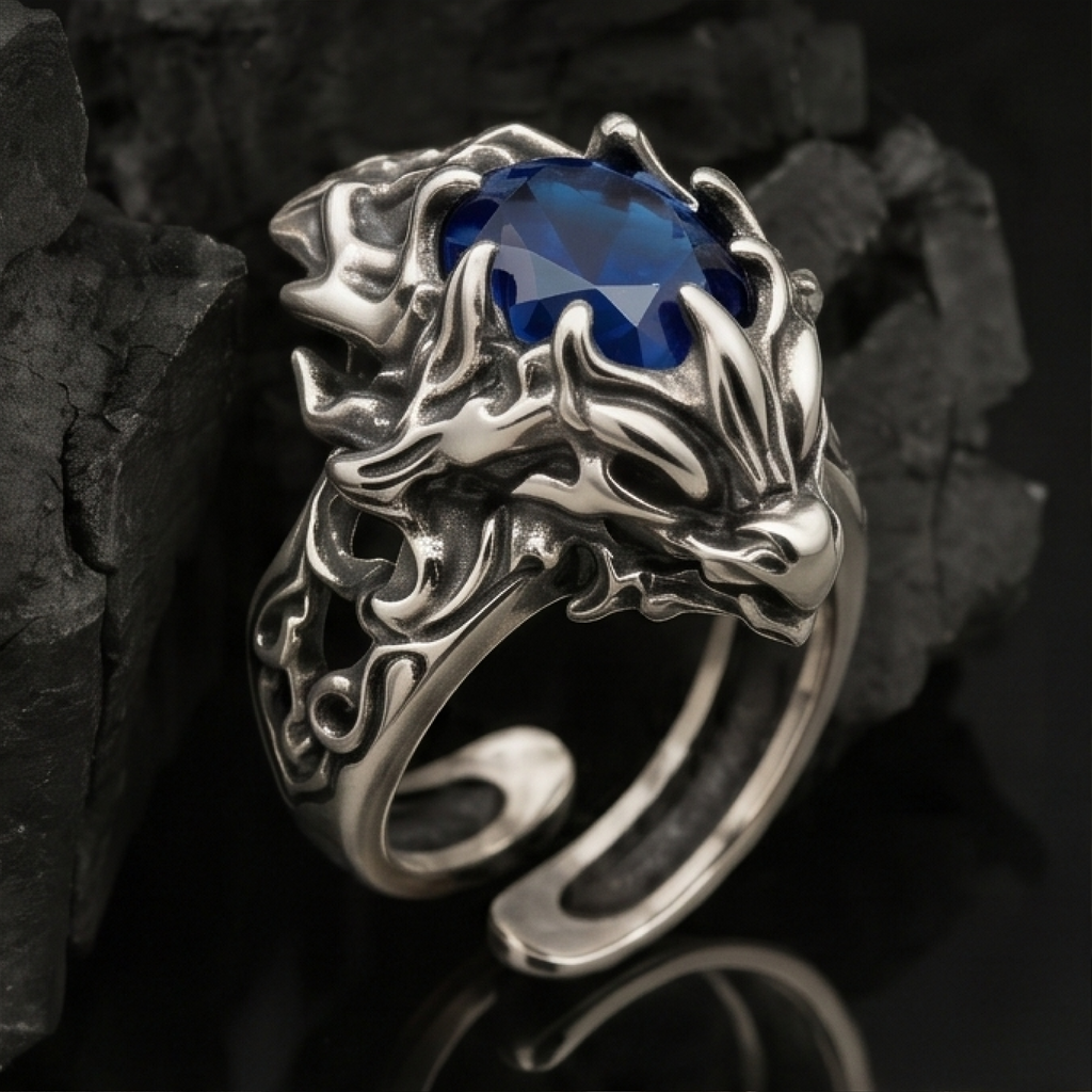 Yuuzo 925 Japan Dragon Claw Blue Stone Ring • Bold Gothic Adjustable Ring with Detailed Design for Statement Jewelry, Dark Style Outfit and Unisex Fashion