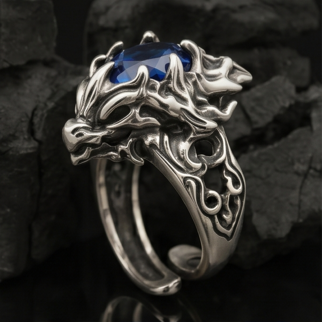 Yuuzo 925 Japan Dragon Claw Blue Stone Ring • Bold Gothic Adjustable Ring with Detailed Design for Statement Jewelry, Dark Style Outfit and Unisex Fashion