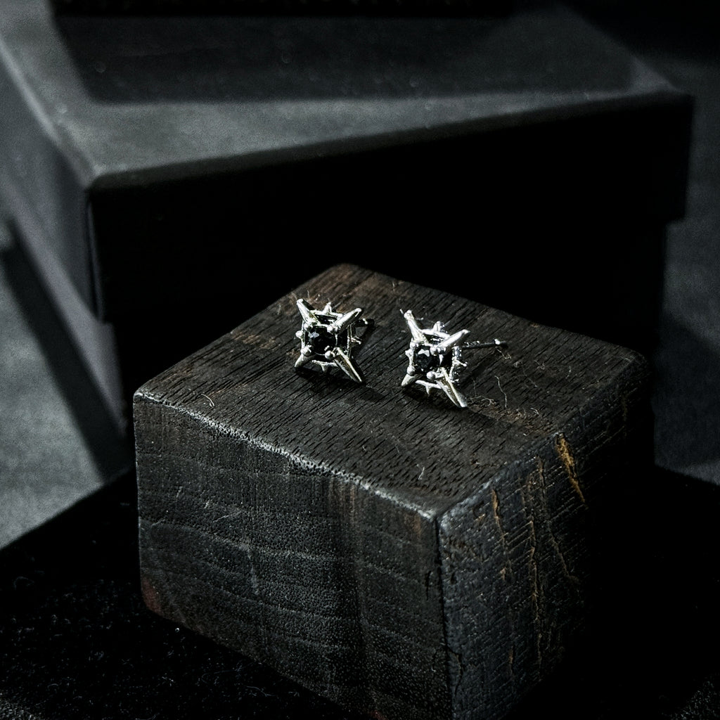 Yuuzo 925 Japan Arctic Hexa-Star Stud Earrings • Dark Vintage Minimal Starburst Art Jewelry for Men & Women