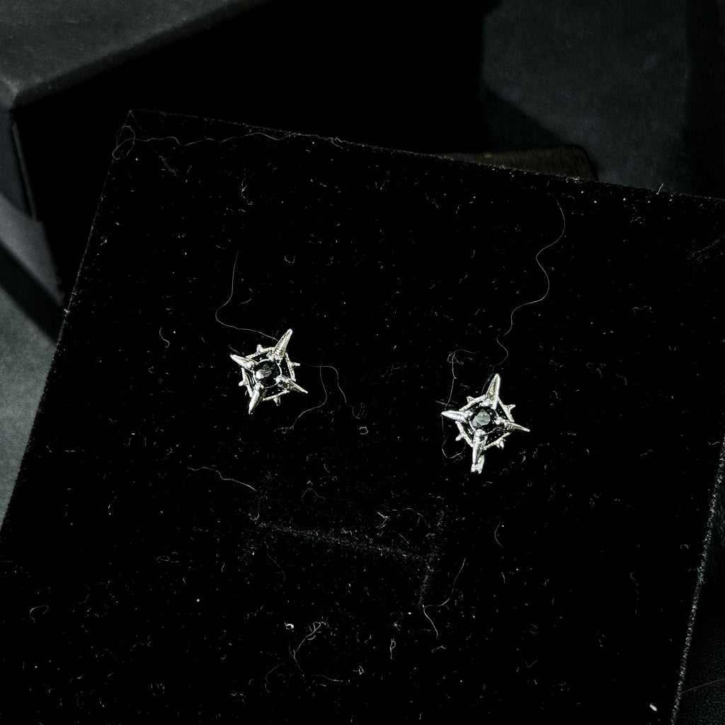 Yuuzo 925 Japan Arctic Hexa-Star Stud Earrings • Dark Vintage Minimal Starburst Art Jewelry for Men & Women