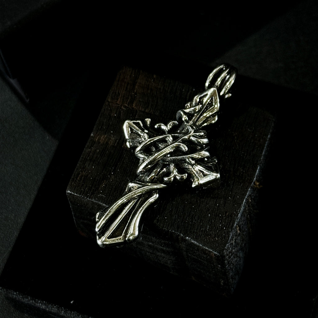Yuuzo 925 Japan Thorn-Wrapped Cross Pendant • Dark Gothic Vintage Engraved Art Necklace for Men & Women