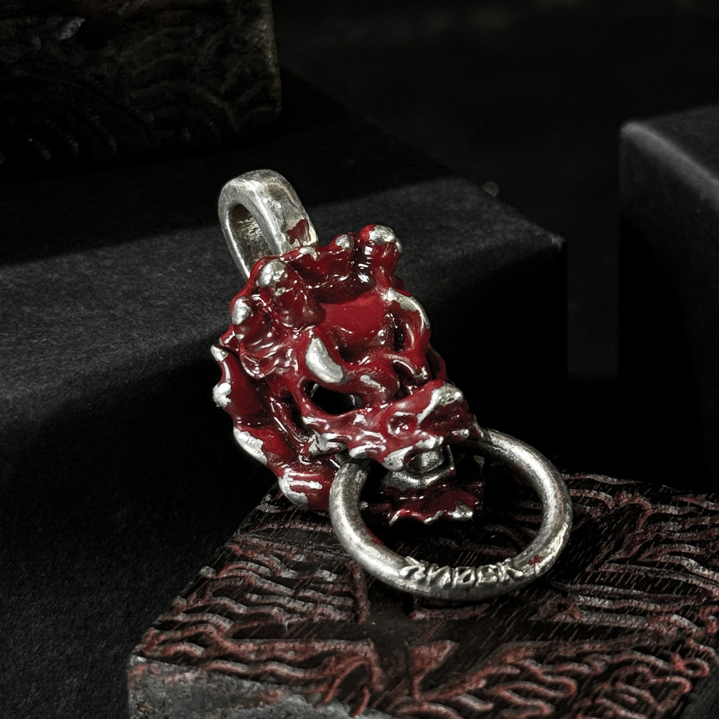 Yuuzo 925 Japan，925 Dragon Head Pendant, Red Lacquer Craft Jewelry • Traditional Intangible Cultural Heritage Lacquer, Pure Carving, Retro Chinese Style Unisex Pendant