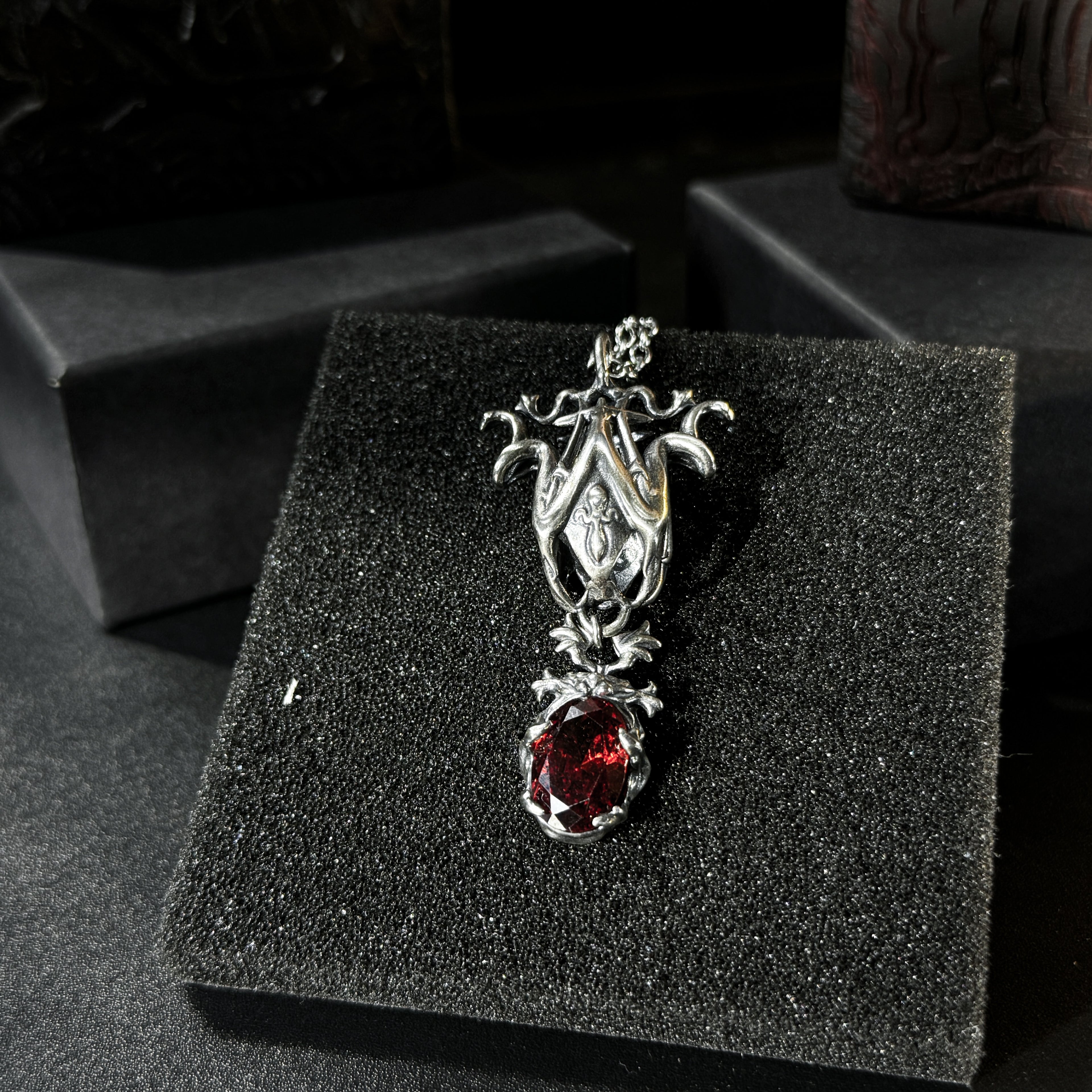 Yuuzo Gothic Red Gem Japan 925 Pendant Necklace • Vintage Dark Style Handcrafted Jewelry for Men & Women