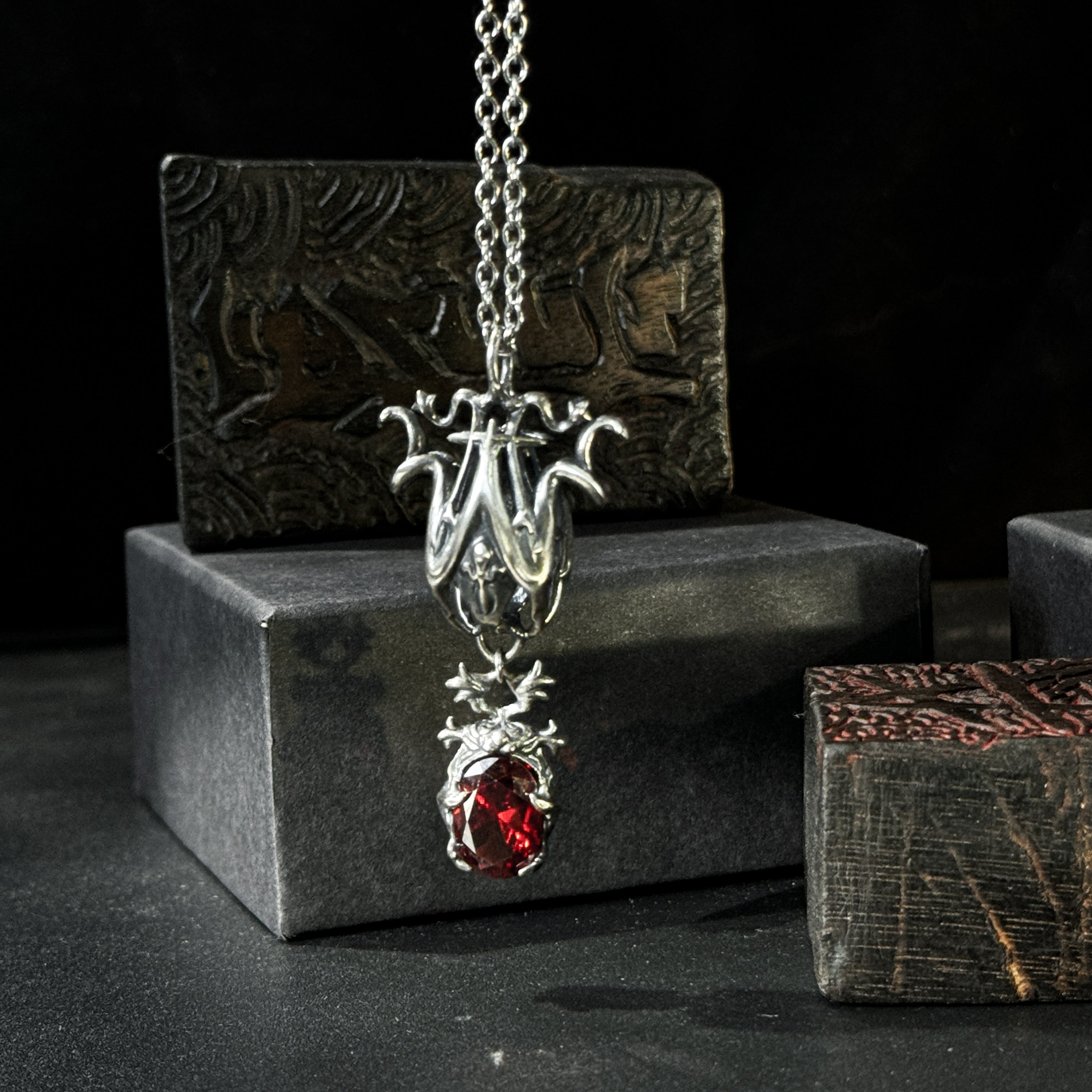 Yuuzo Gothic Red Gem Japan 925 Pendant Necklace • Vintage Dark Style Handcrafted Jewelry for Men & Women