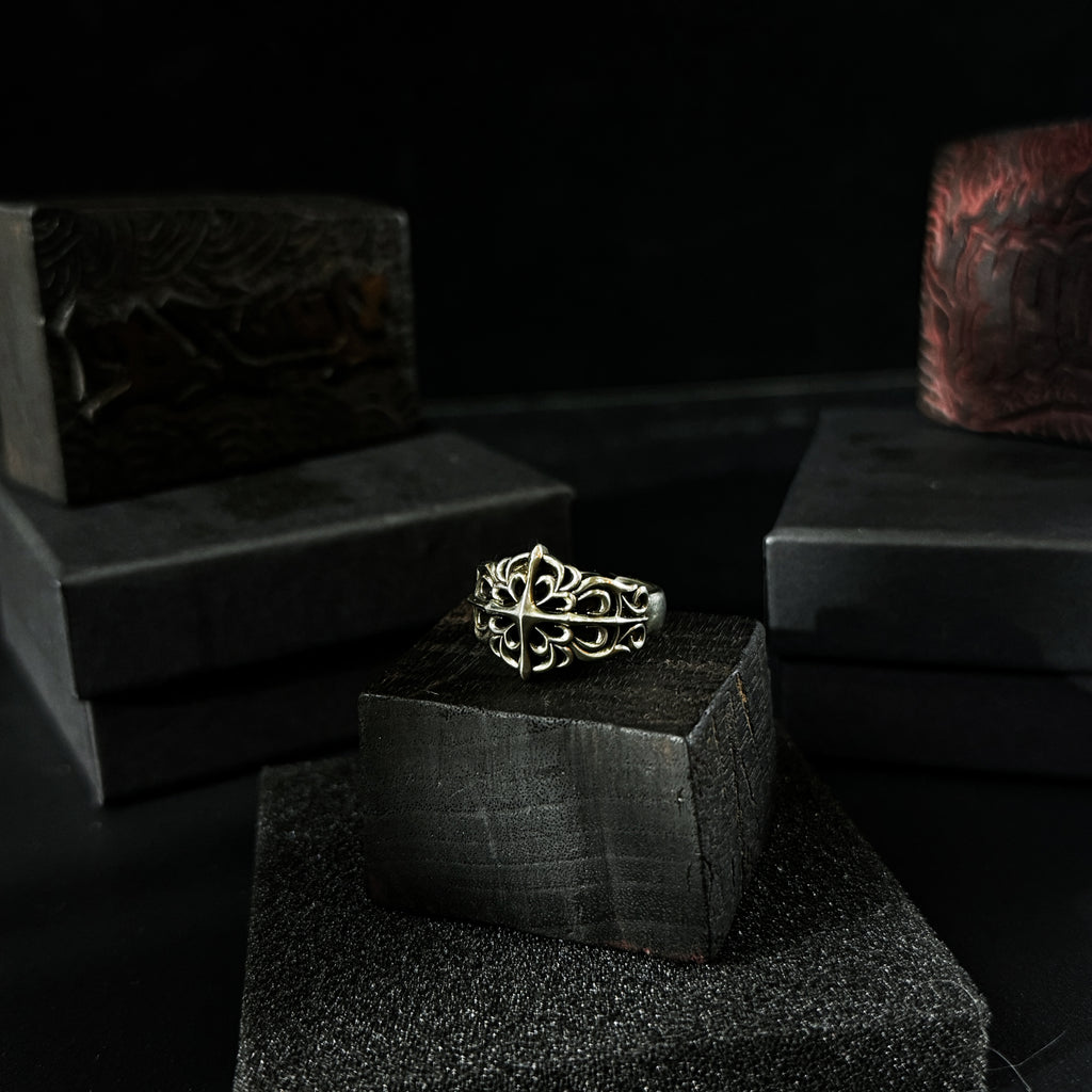 Yuuzo 925 Japan Gothic Dark Cross Ring • Vintage Textured Engraved Art Band for Men & Women