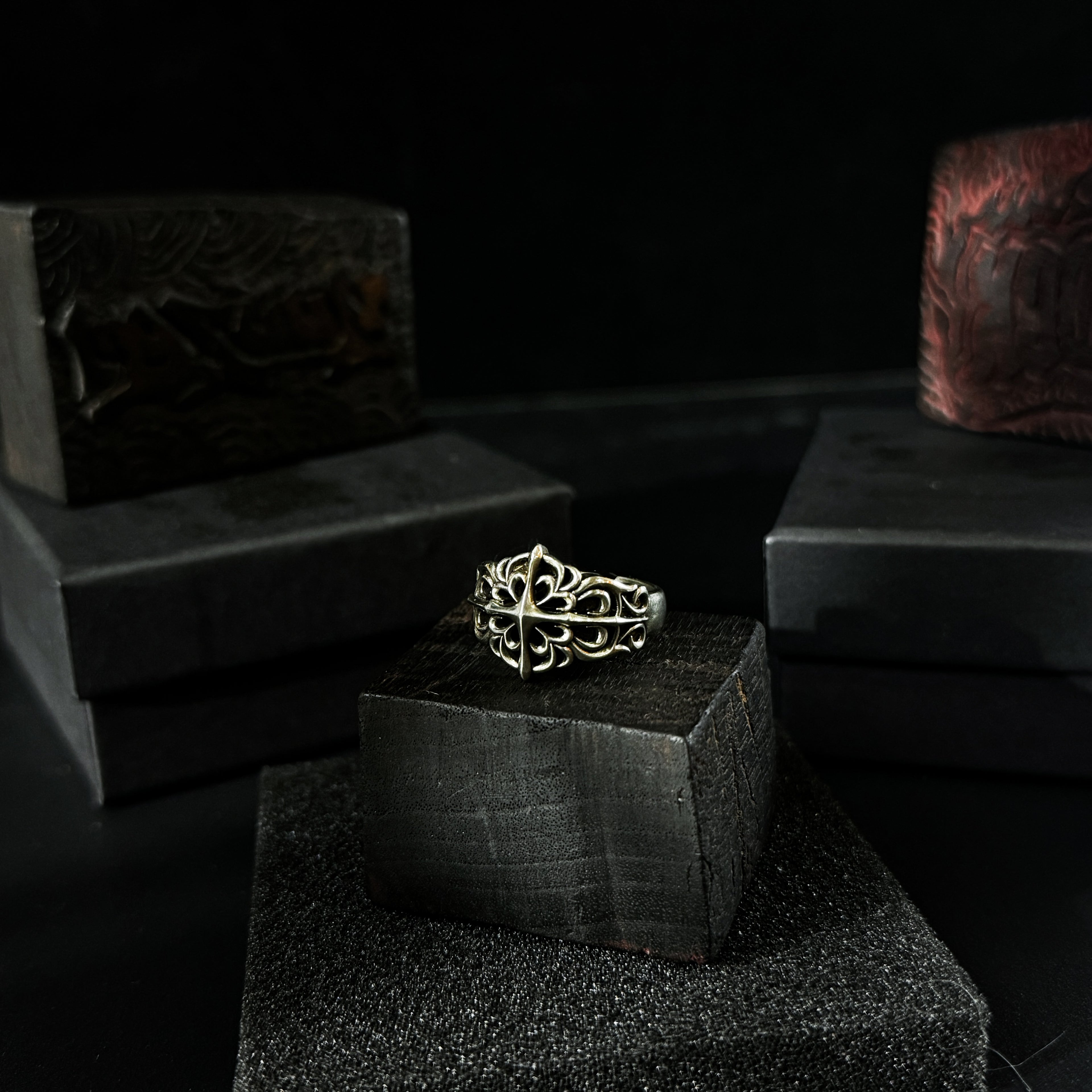 Yuuzo 925 Japan Gothic Dark Cross Ring • Vintage Textured Engraved Art Band for Men & Women