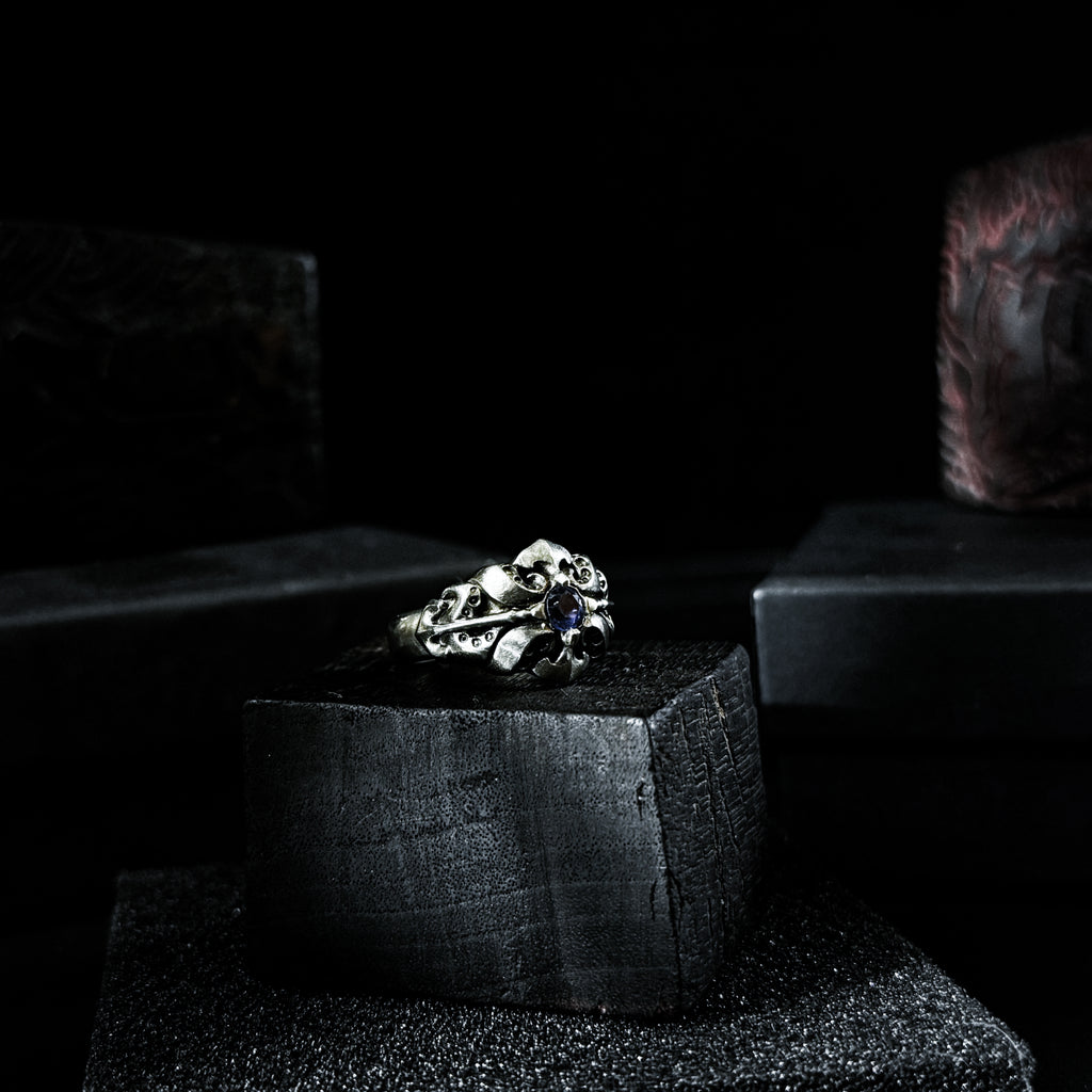 Yuuzo 925 Japan Gothic Tentacle blue Dark Stone Ring • Dark Vintage Engraved Cross Art Band for Men & Women