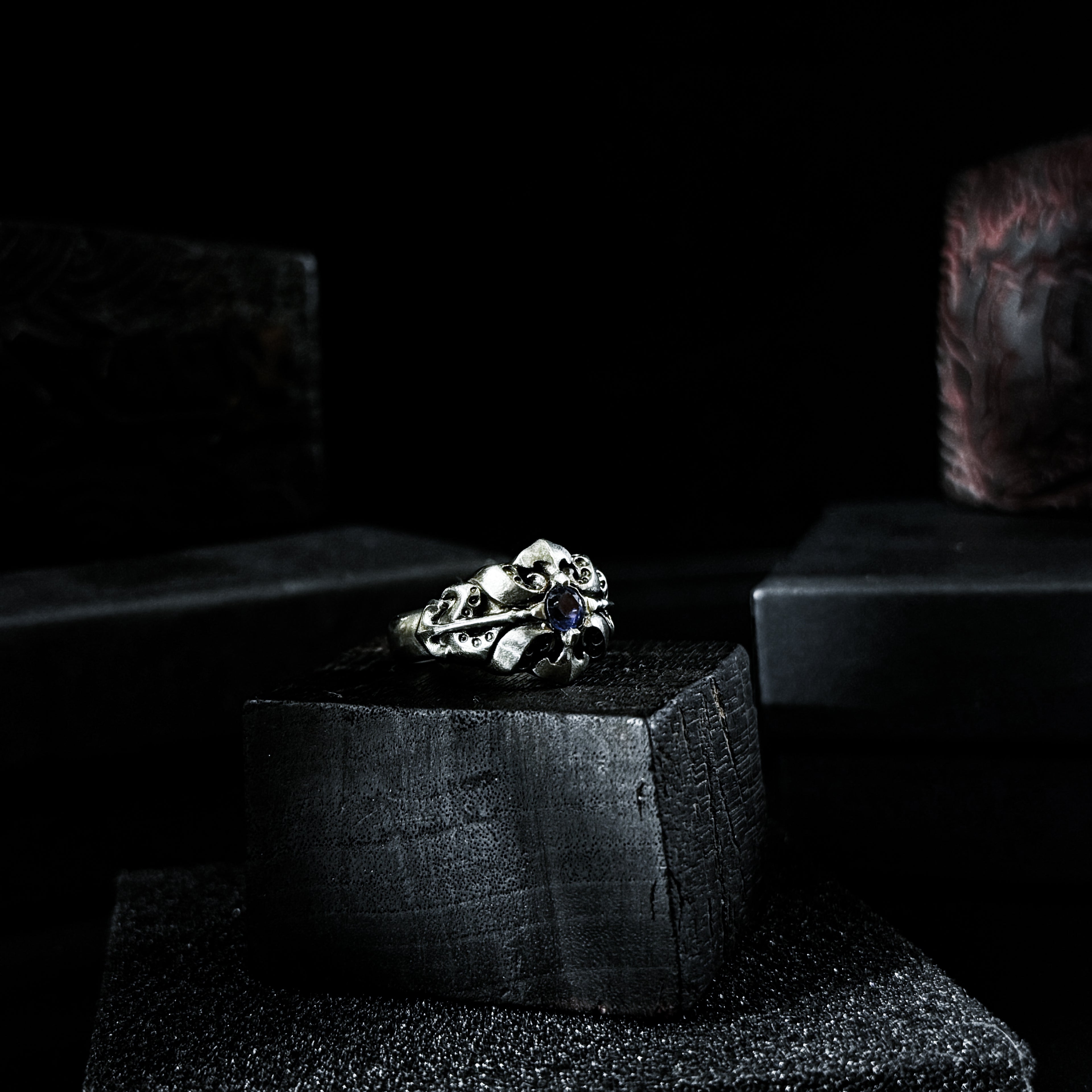 Yuuzo 925 Japan Gothic Tentacle blue Dark Stone Ring • Dark Vintage Engraved Cross Art Band for Men & Women
