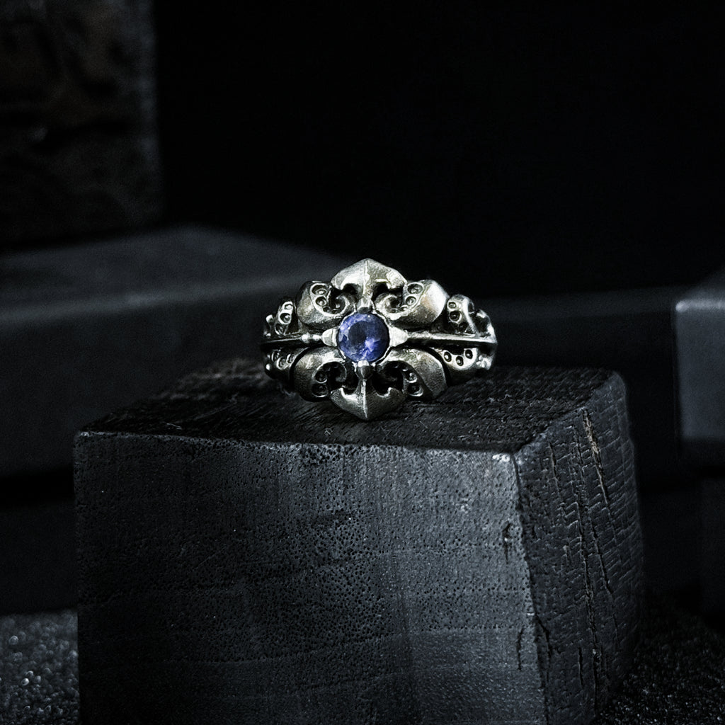 Yuuzo 925 Japan Gothic Tentacle blue Dark Stone Ring • Dark Vintage Engraved Cross Art Band for Men & Women