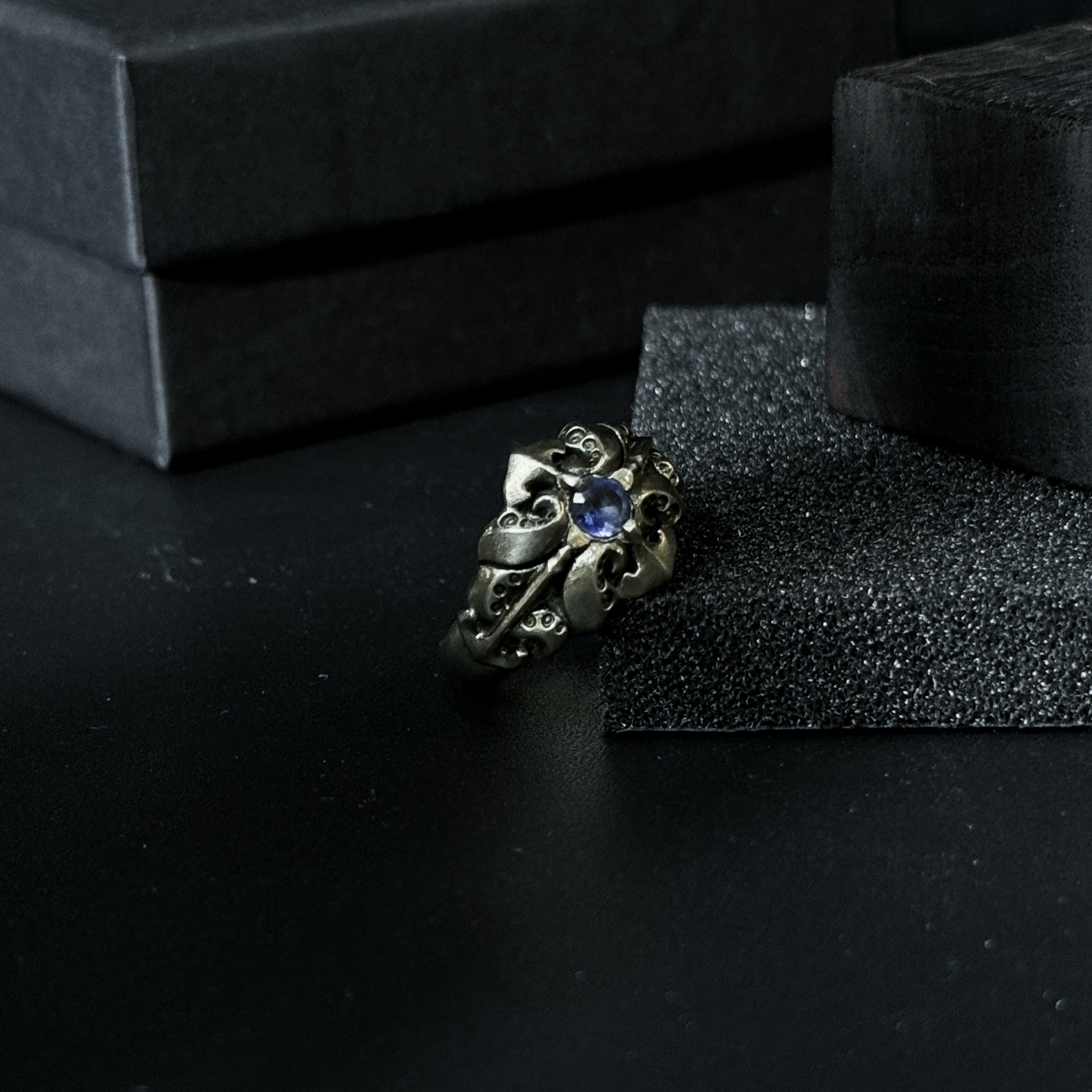 Yuuzo 925 Japan Gothic Tentacle blue Dark Stone Ring • Dark Vintage Engraved Cross Art Band for Men & Women