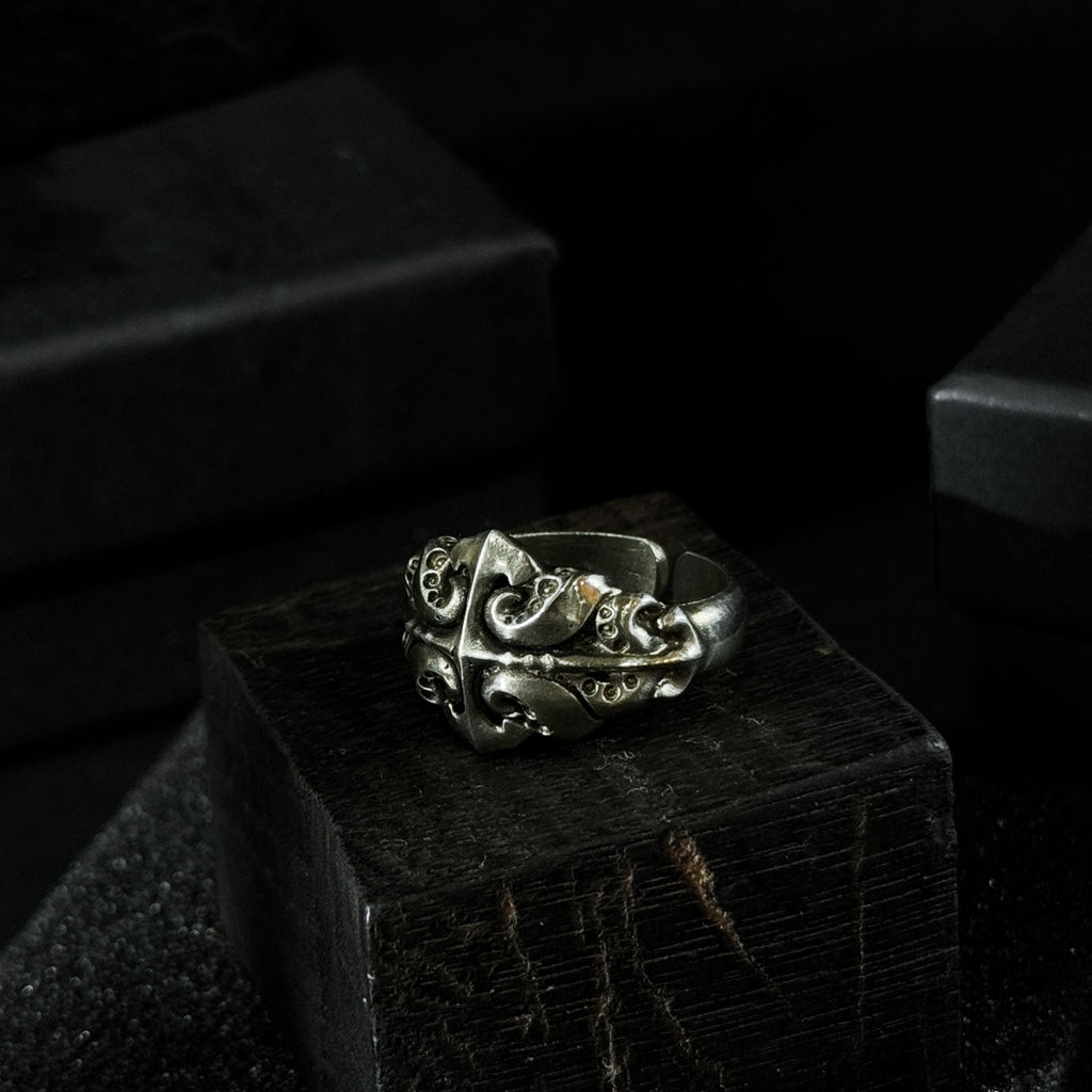 Yuuzo 925 Japan Gothic Dark Tentacle Ring • Vintage Octopus-Inspired Cross Engraved Art Band for Men & Women