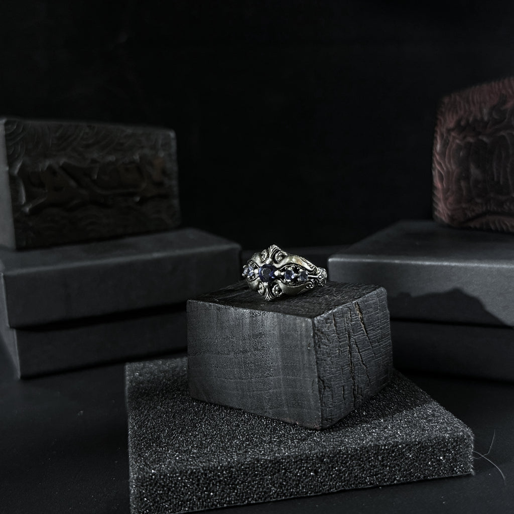 Yuuzo 925 Japan Dark Sapphire Art Ring • Gothic Textured Engraved Band for Men & Women