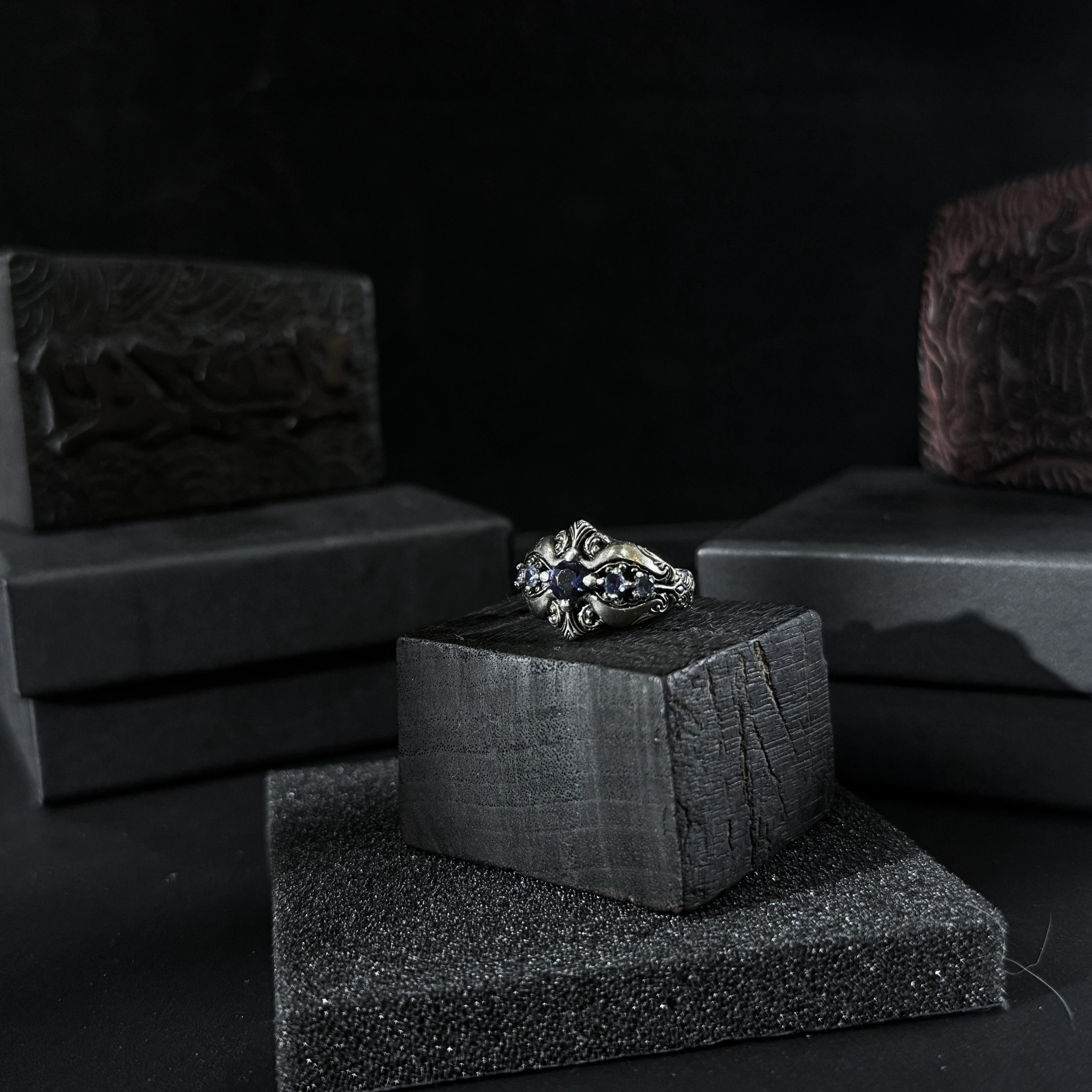 Yuuzo 925 Japan Dark Sapphire Art Ring • Gothic Textured Engraved Band for Men & Women