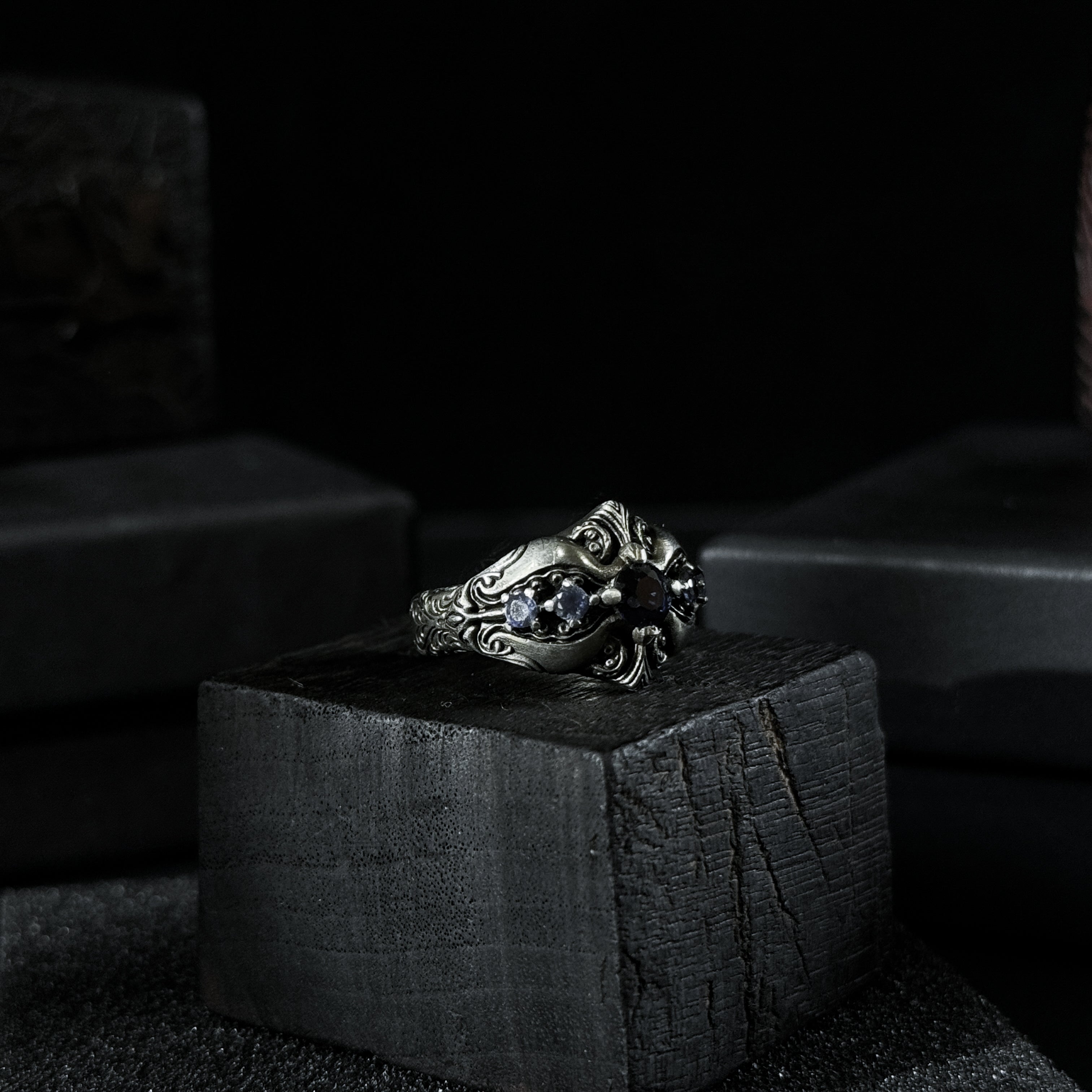 Yuuzo 925 Japan Dark Sapphire Art Ring • Gothic Textured Engraved Band for Men & Women