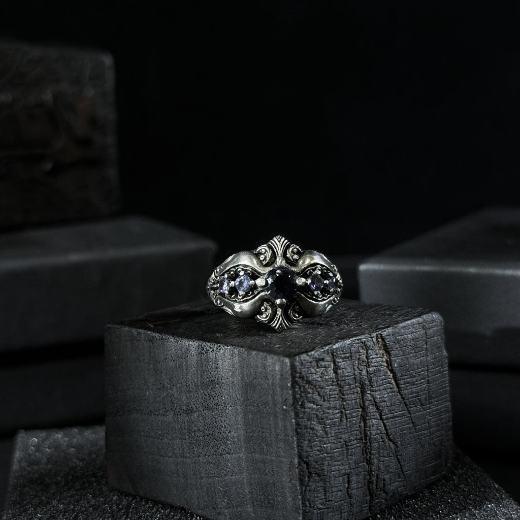 Yuuzo 925 Japan Dark Sapphire Art Ring • Gothic Textured Engraved Band for Men & Women