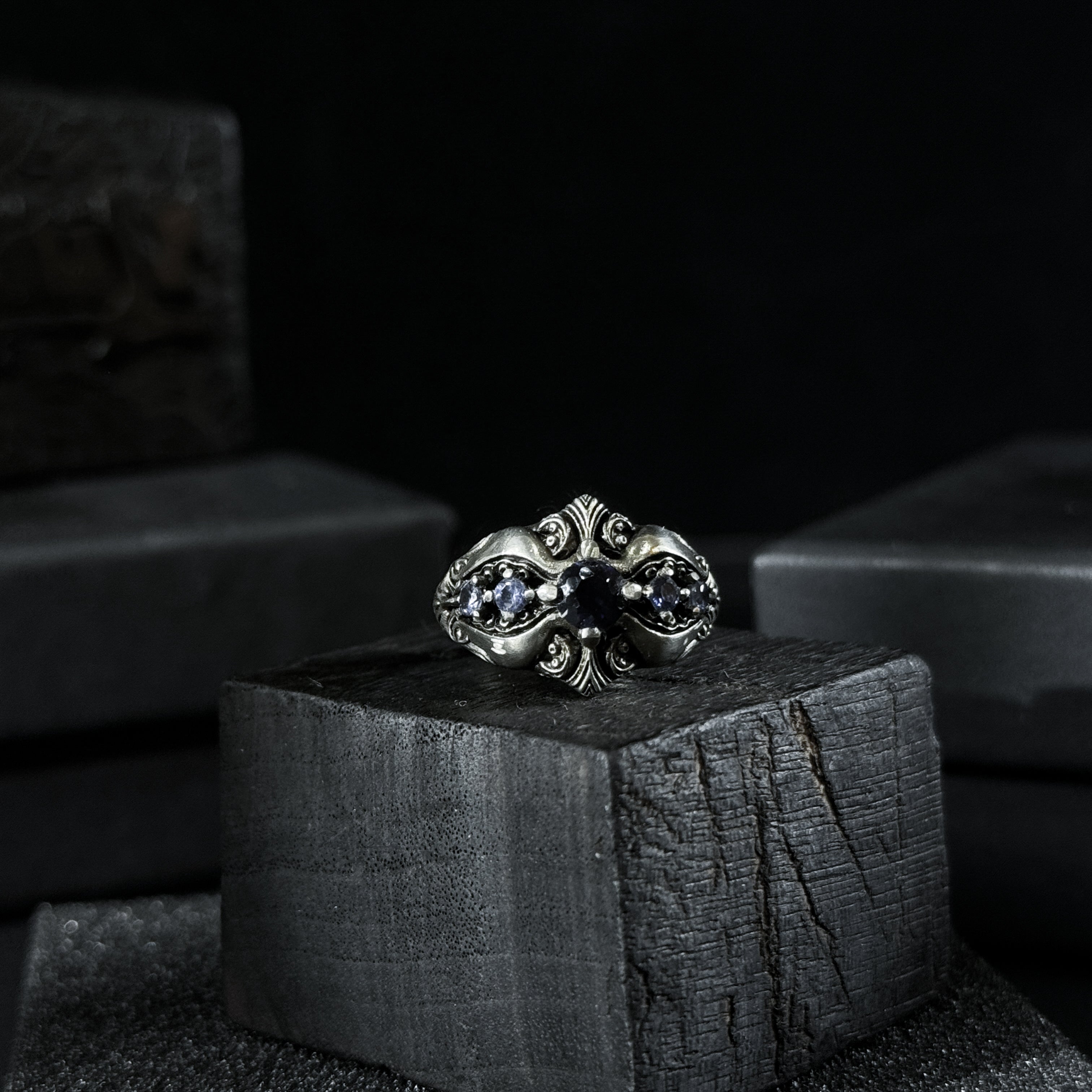 Yuuzo 925 Japan Dark Sapphire Art Ring • Gothic Textured Engraved Band for Men & Women