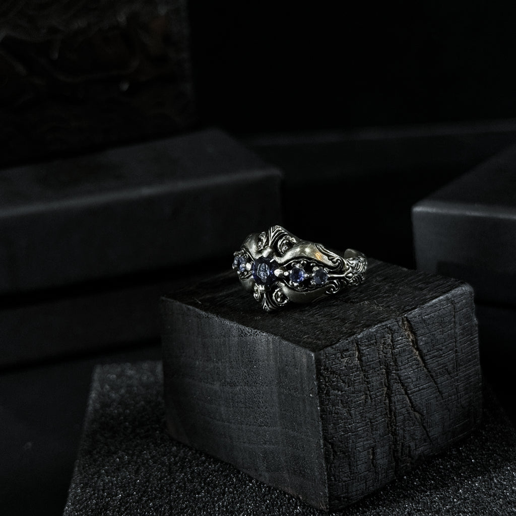 Yuuzo 925 Japan Dark Sapphire Art Ring • Gothic Textured Engraved Band for Men & Women