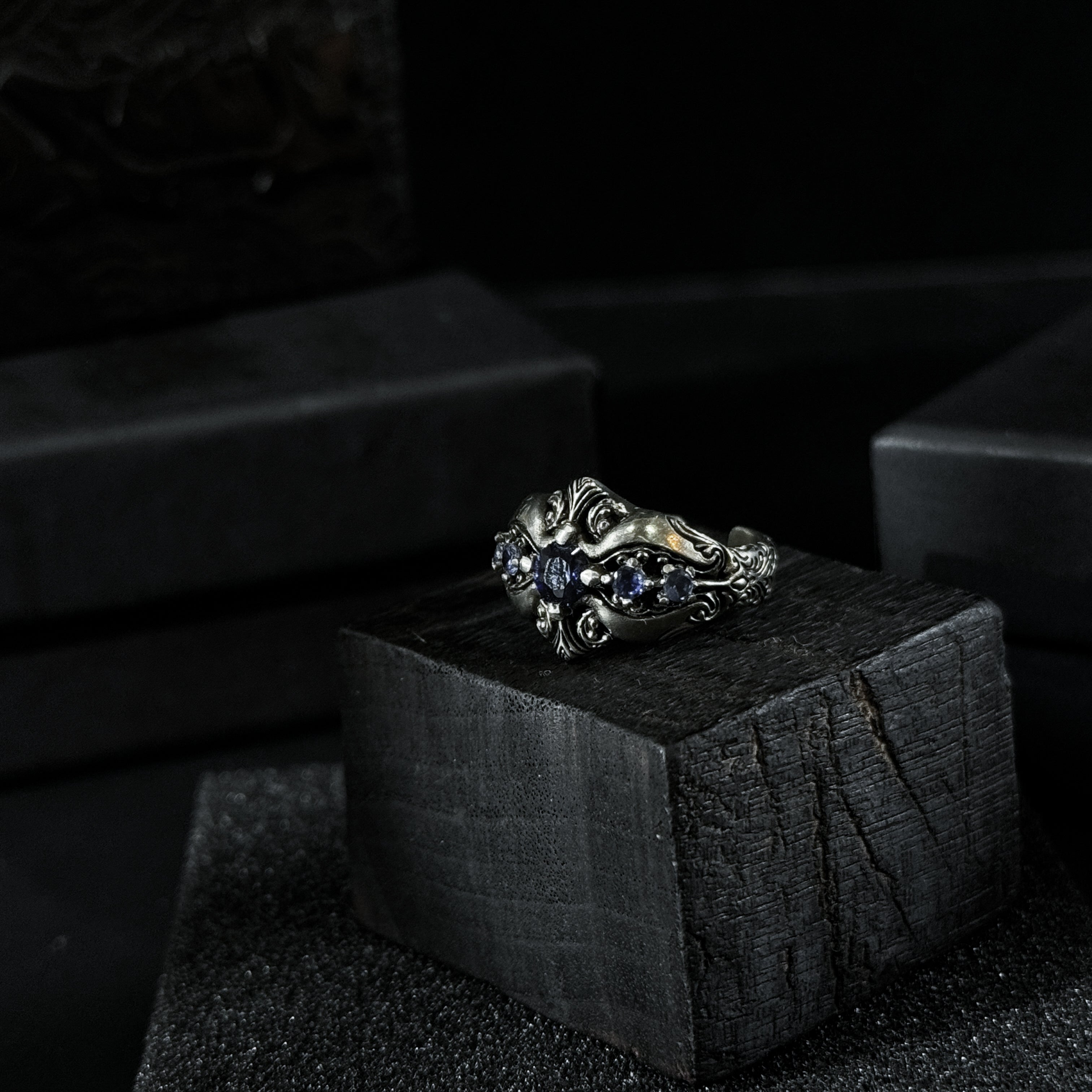 Yuuzo 925 Japan Dark Sapphire Art Ring • Gothic Textured Engraved Band for Men & Women