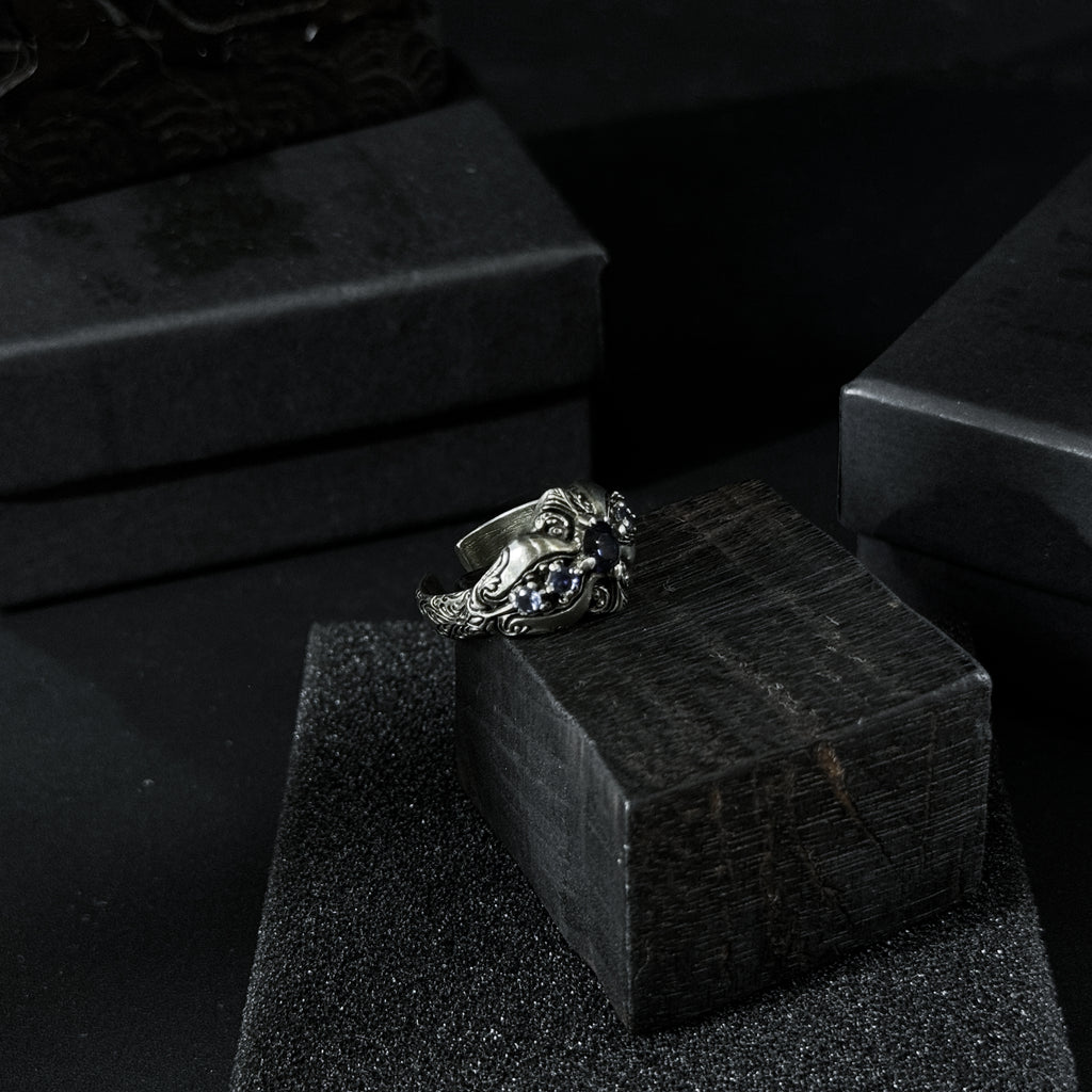 Yuuzo 925 Japan Dark Sapphire Art Ring • Gothic Textured Engraved Band for Men & Women