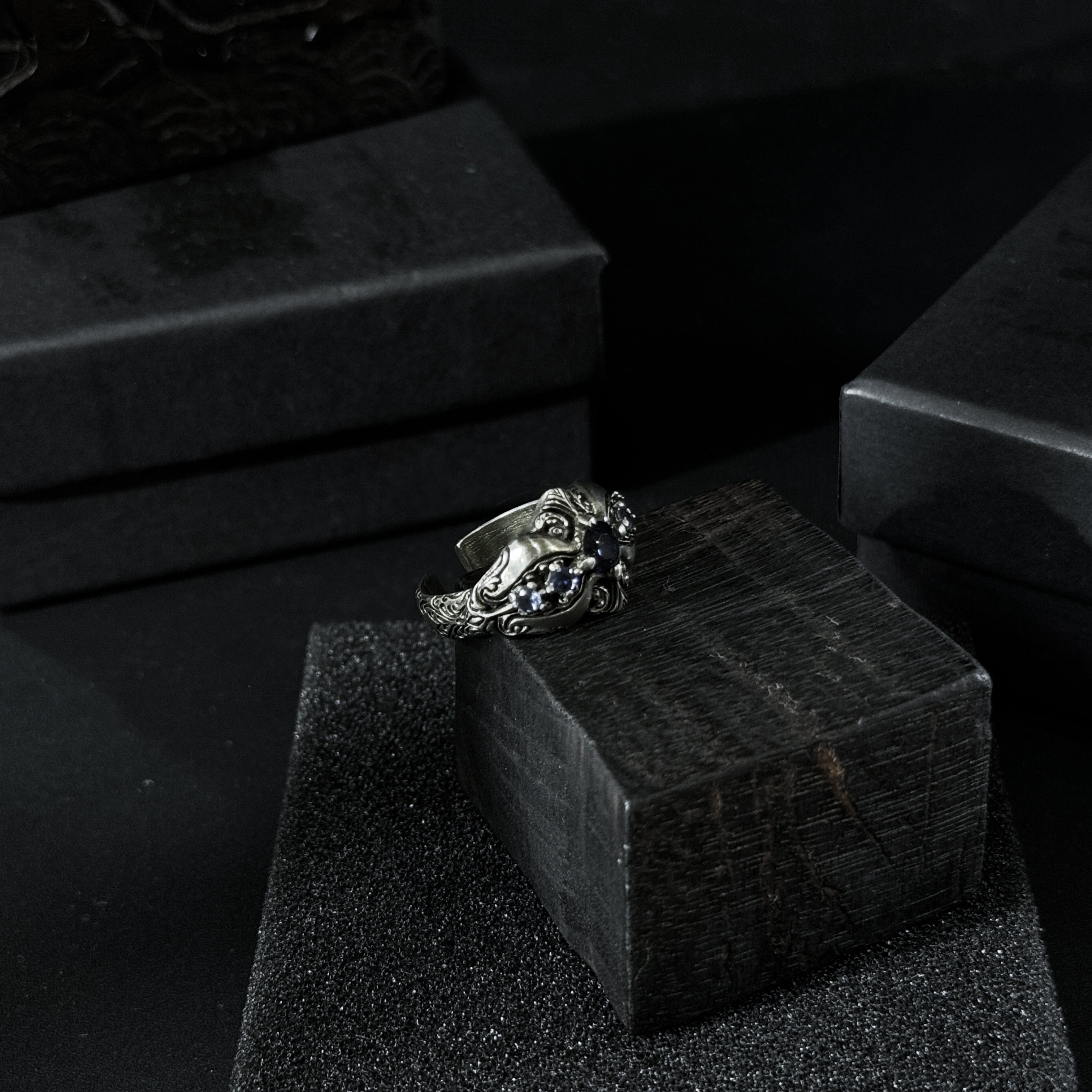 Yuuzo 925 Japan Dark Sapphire Art Ring • Gothic Textured Engraved Band for Men & Women