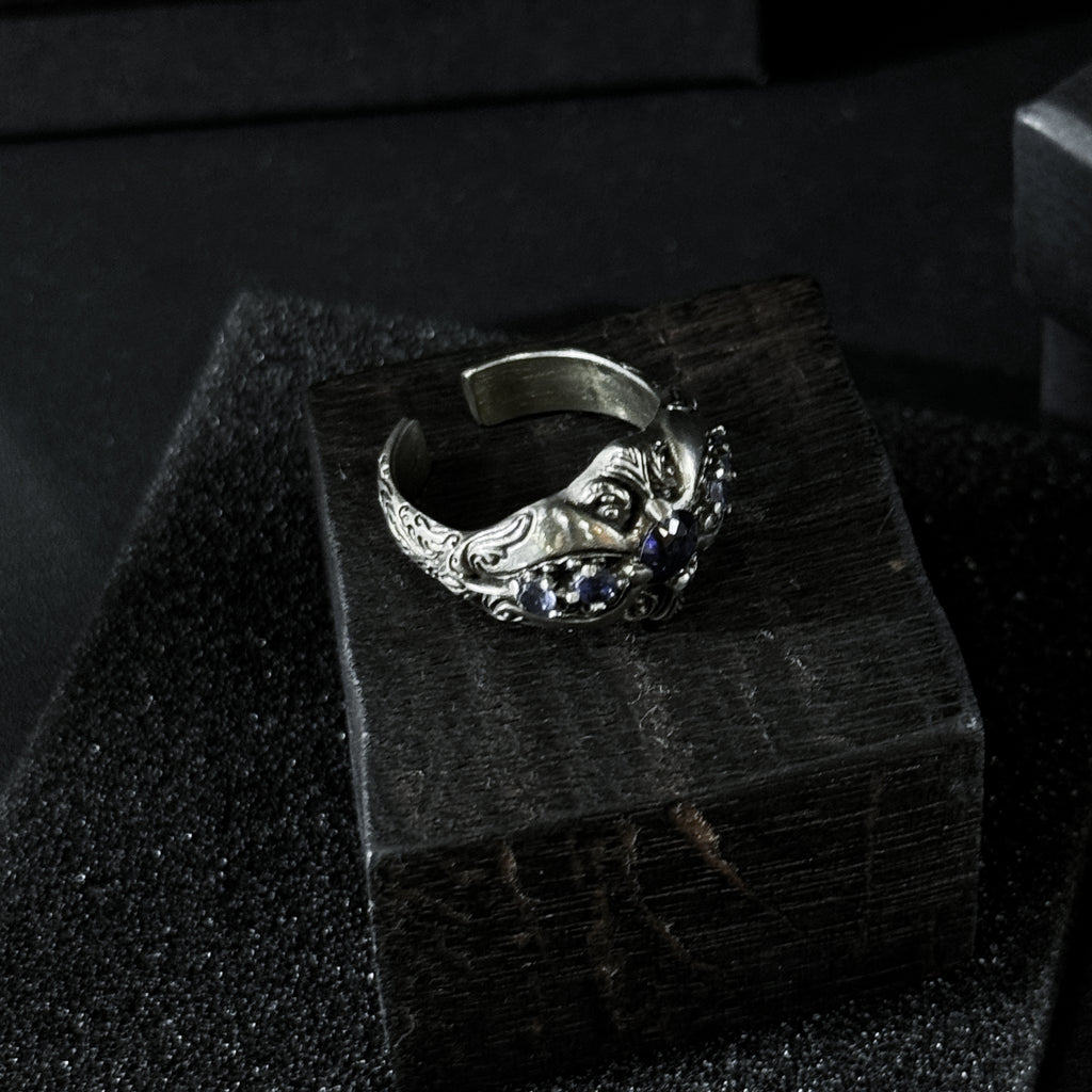 Yuuzo 925 Japan Dark Sapphire Art Ring • Gothic Textured Engraved Band for Men & Women