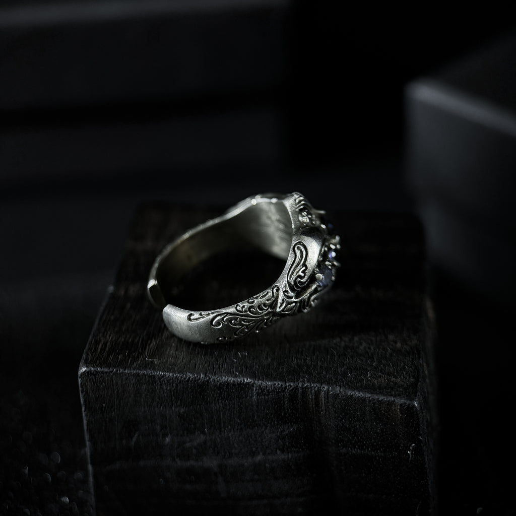 Yuuzo 925 Japan Dark Sapphire Art Ring • Gothic Textured Engraved Band for Men & Women