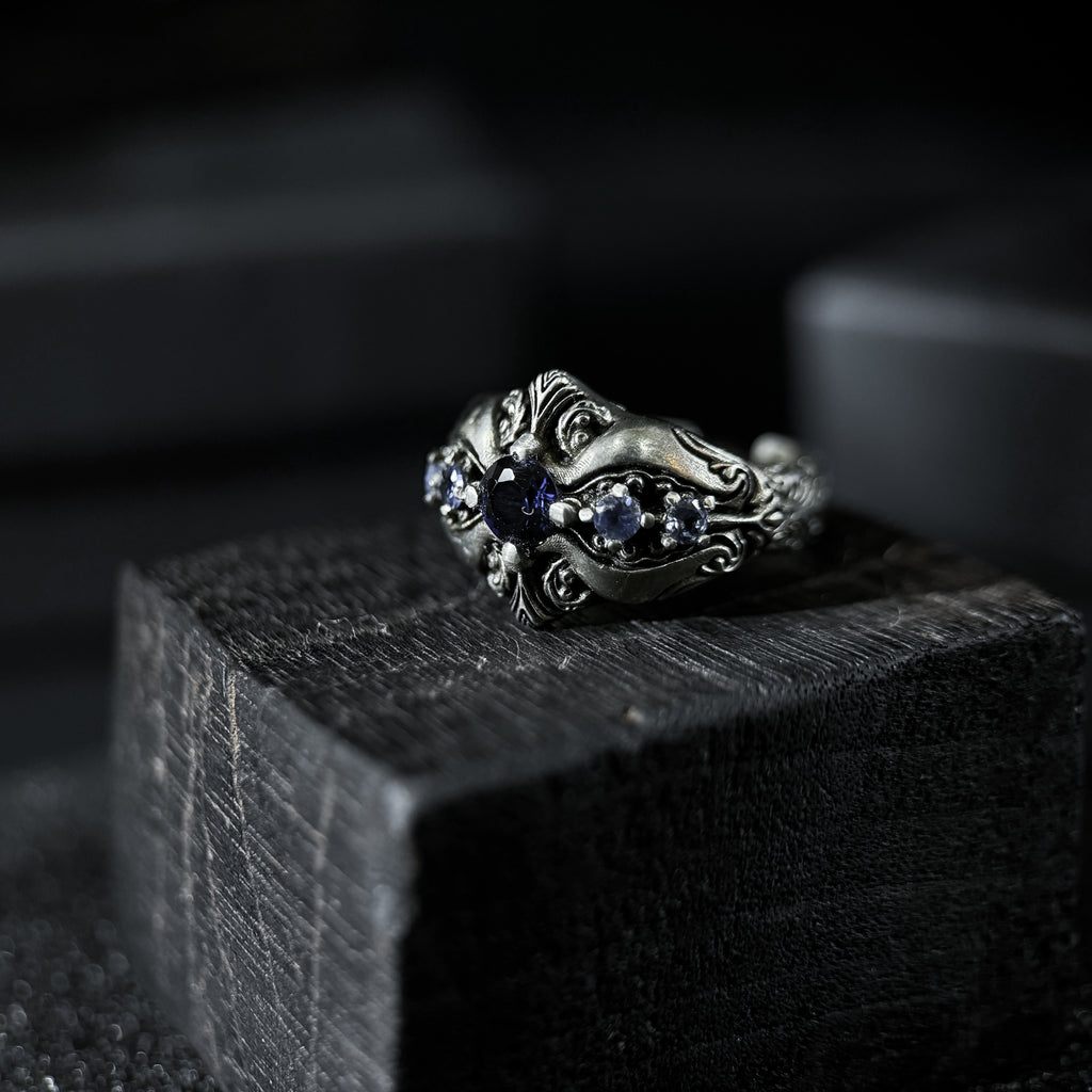 Yuuzo 925 Japan Dark Sapphire Art Ring • Gothic Textured Engraved Band for Men & Women