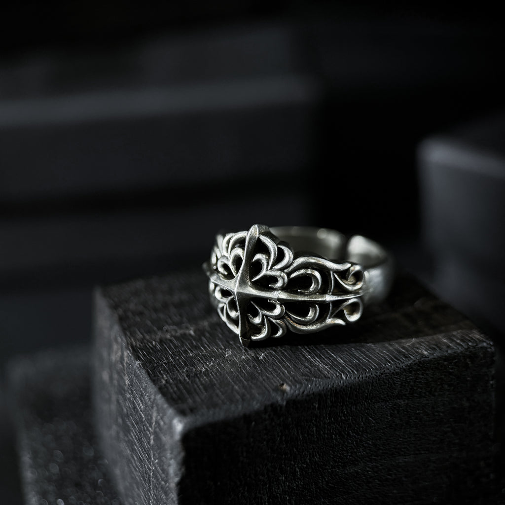 Yuuzo 925 Japan Gothic Dark Cross Ring • Vintage Textured Engraved Art Band for Men & Women