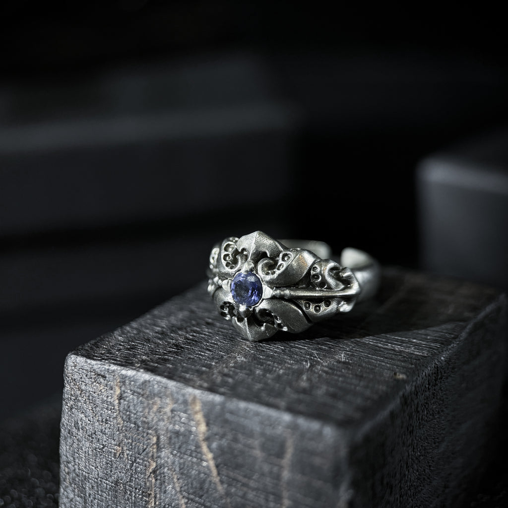 Yuuzo 925 Japan Gothic Tentacle blue Dark Stone Ring • Dark Vintage Engraved Cross Art Band for Men & Women