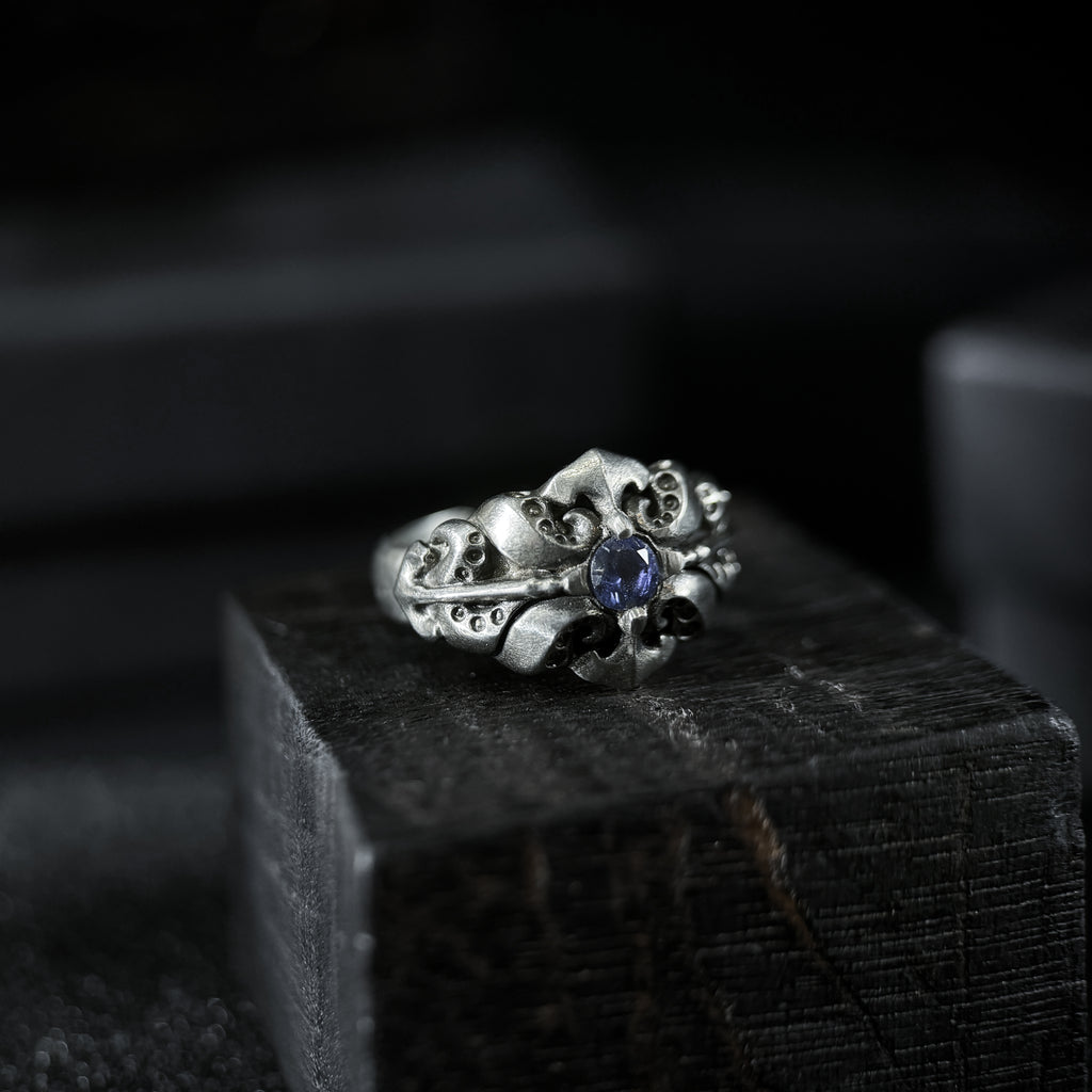 Yuuzo 925 Japan Gothic Tentacle blue Dark Stone Ring • Dark Vintage Engraved Cross Art Band for Men & Women