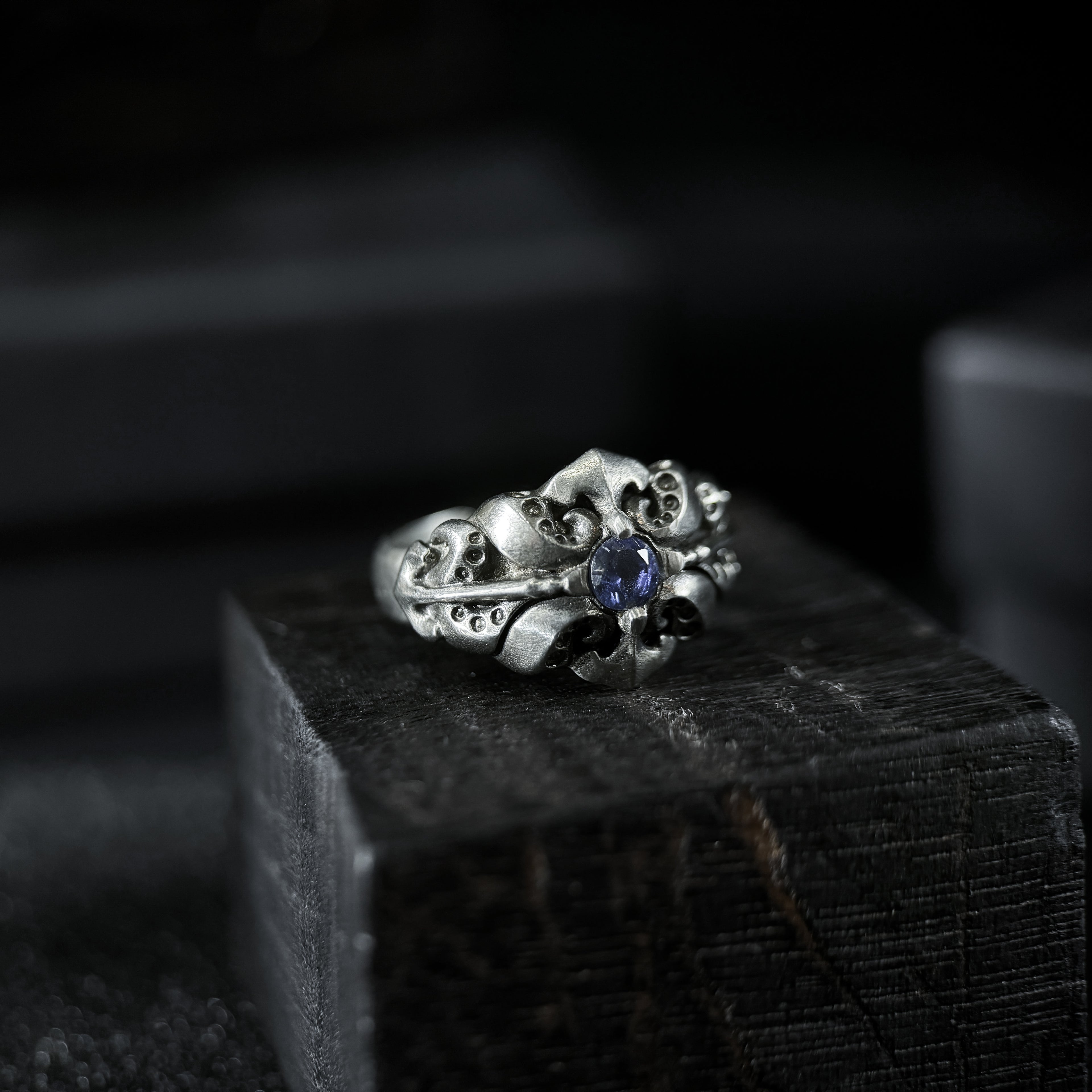 Yuuzo 925 Japan Gothic Tentacle blue Dark Stone Ring • Dark Vintage Engraved Cross Art Band for Men & Women