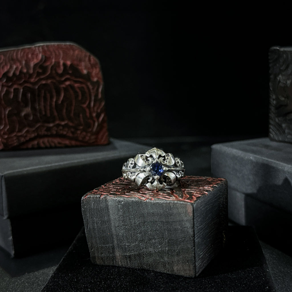 Yuuzo 925 Japan Gothic Tentacle blue Dark Stone Ring • Dark Vintage Engraved Cross Art Band for Men & Women