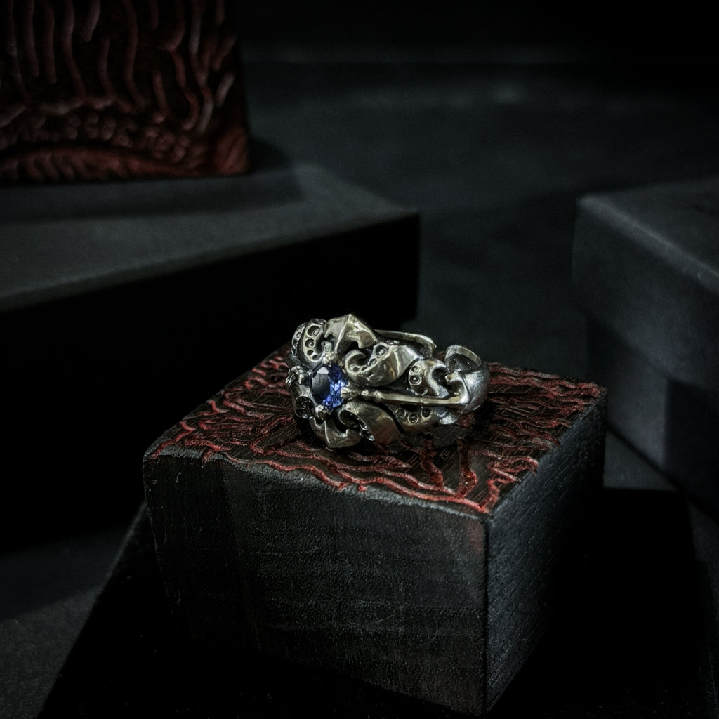 Yuuzo 925 Japan Gothic Tentacle blue Dark Stone Ring • Dark Vintage Engraved Cross Art Band for Men & Women
