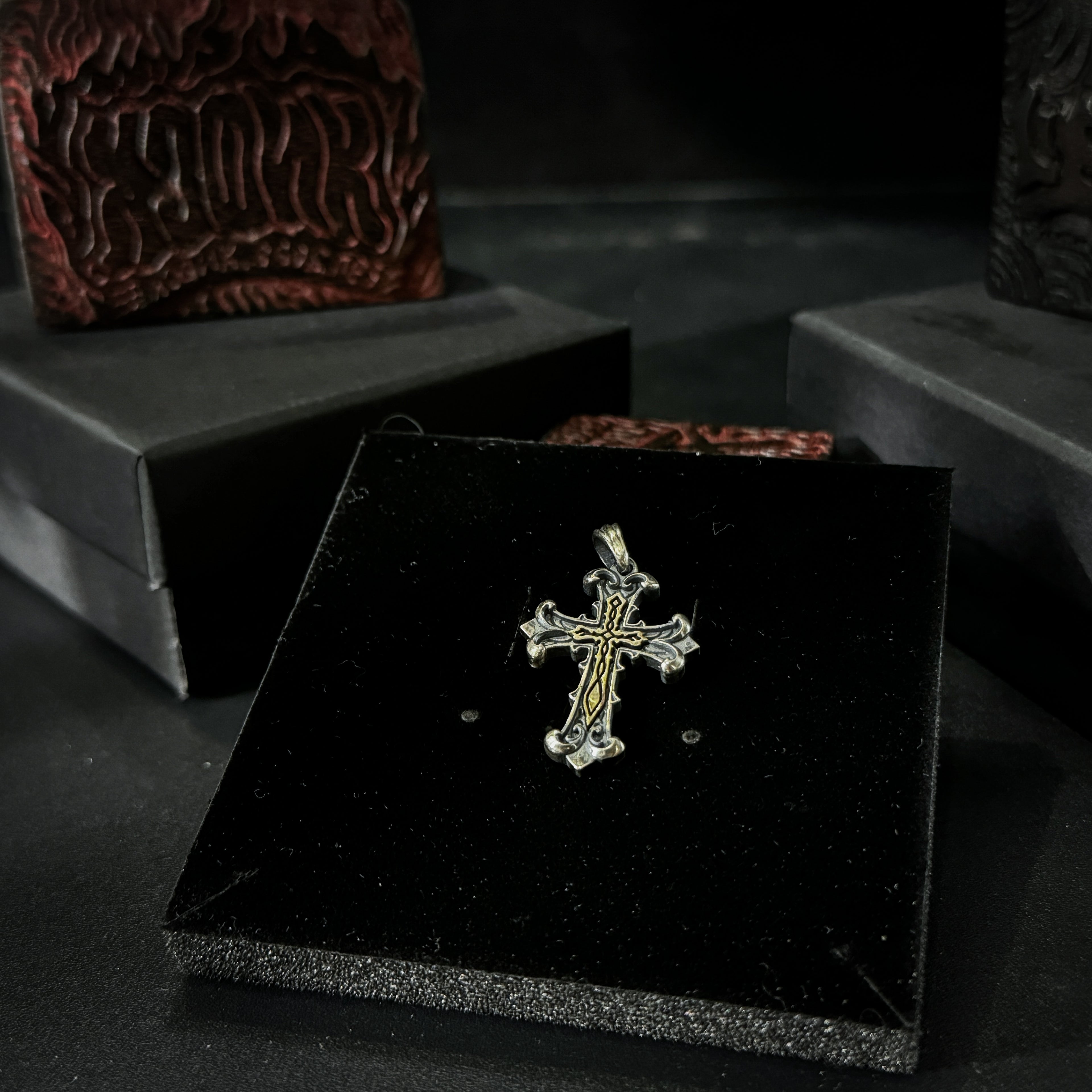 Yuuzo 925 japan Gothic Retro Two-Tone Cross Pendant Necklace • Vintage Engraved Punk Style Statement Jewelry for Men & Women