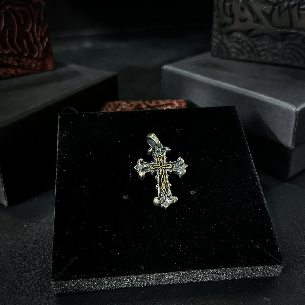 Yuuzo 925 japan Gothic Retro Two-Tone Cross Pendant Necklace • Vintage Engraved Punk Style Statement Jewelry for Men & Women