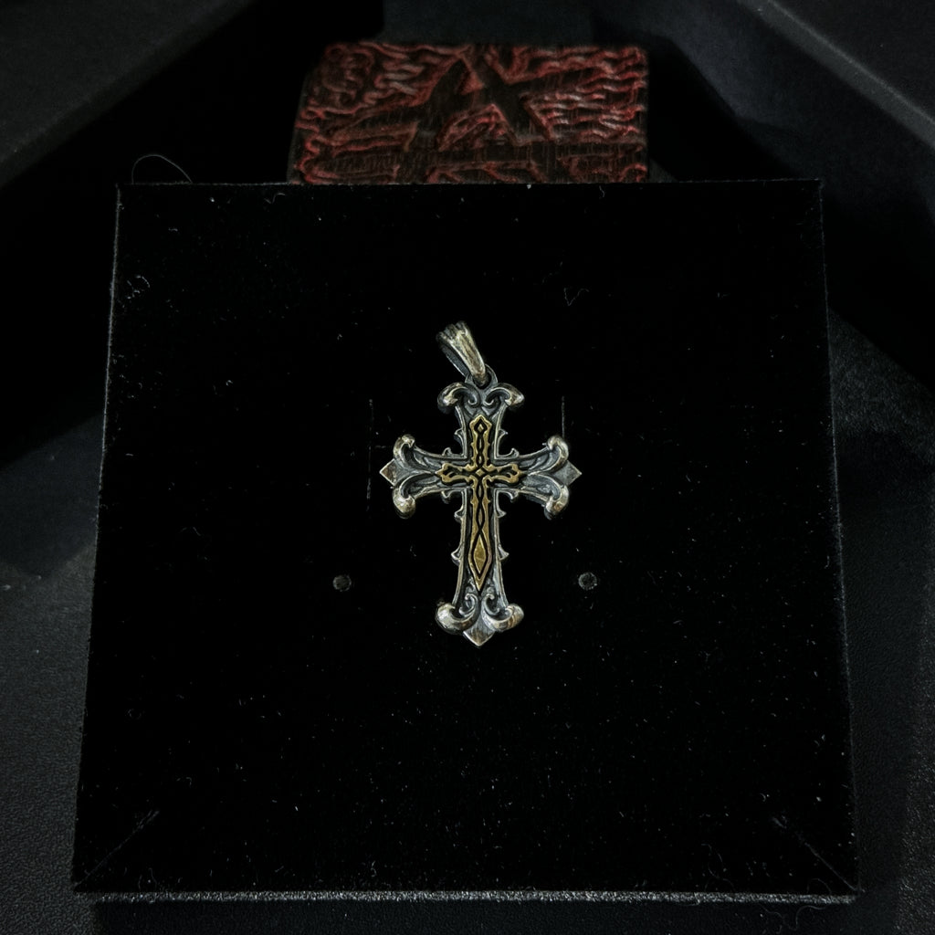 Yuuzo 925 japan Gothic Retro Two-Tone Cross Pendant Necklace • Vintage Engraved Punk Style Statement Jewelry for Men & Women