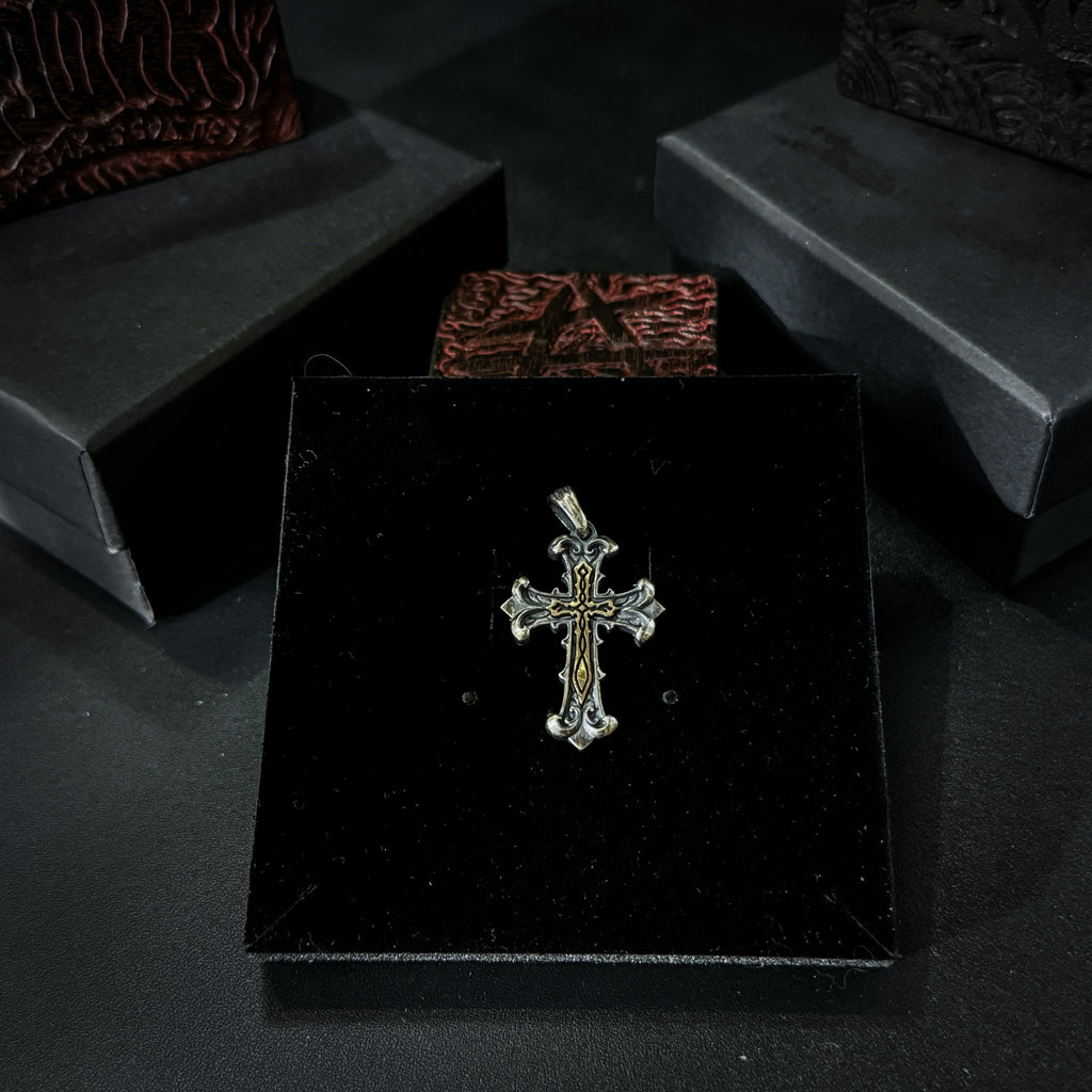 Yuuzo 925 japan Gothic Retro Two-Tone Cross Pendant Necklace • Vintage Engraved Punk Style Statement Jewelry for Men & Women