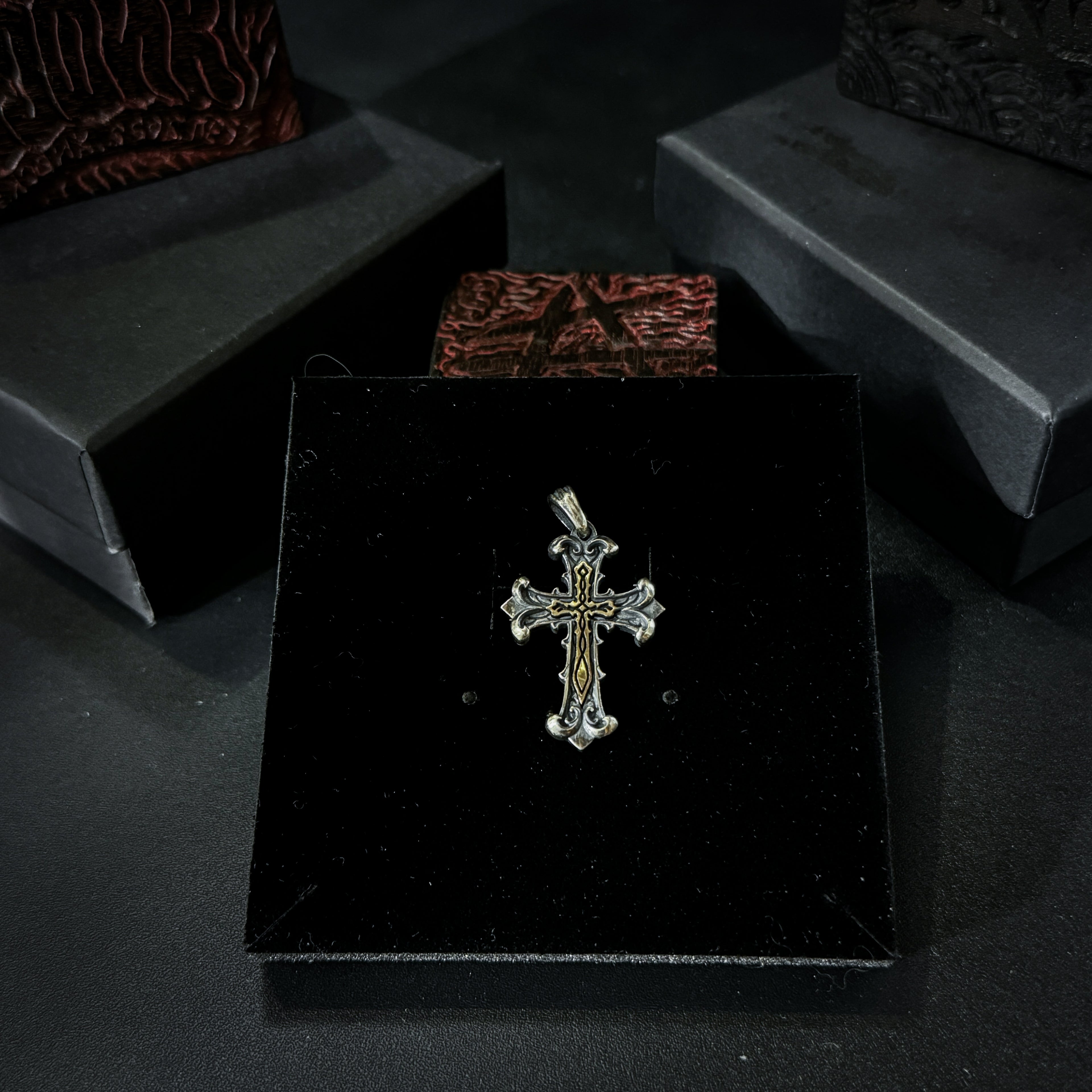 Yuuzo 925 japan Gothic Retro Two-Tone Cross Pendant Necklace • Vintage Engraved Punk Style Statement Jewelry for Men & Women