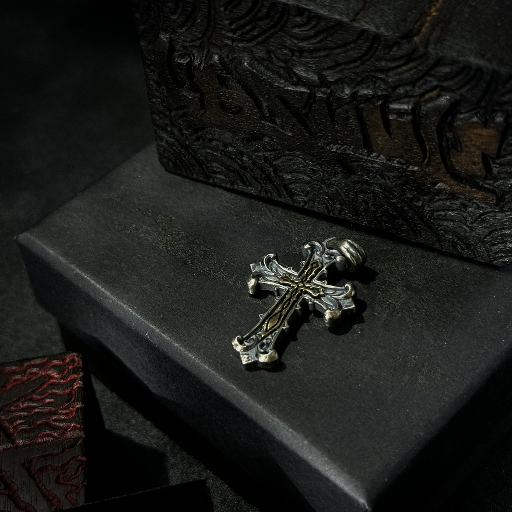 Yuuzo 925 japan Gothic Retro Two-Tone Cross Pendant Necklace • Vintage Engraved Punk Style Statement Jewelry for Men & Women