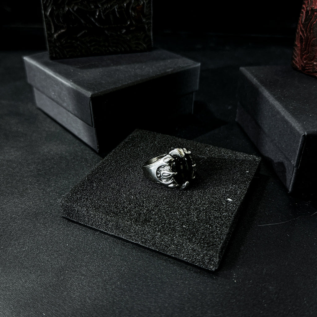 Yuuzo 925 Japan Gothic Dark Obsidian Ring • Vintage Engraved Large Stone Art Band for Men & Women
