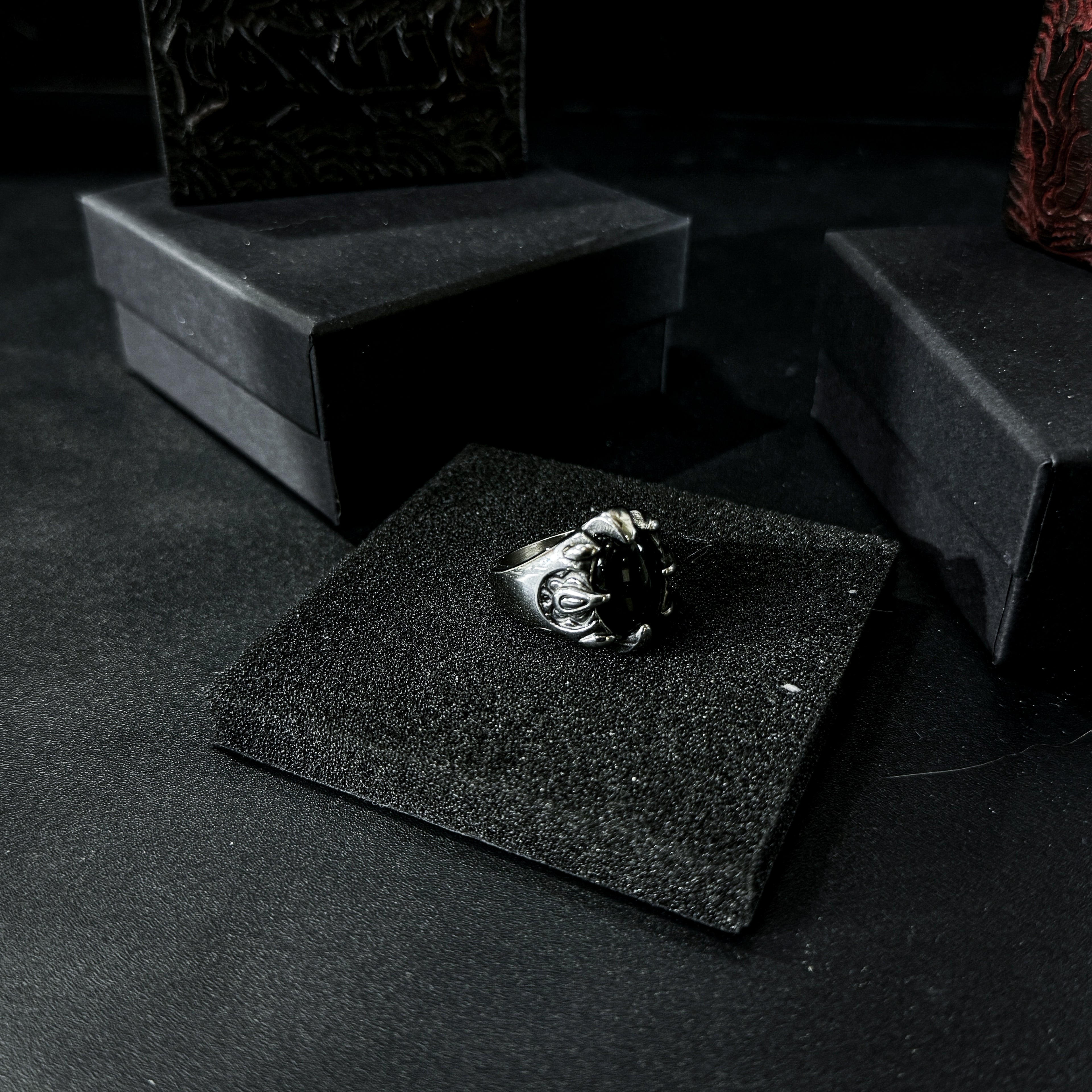Yuuzo 925 Japan Gothic Dark Obsidian Ring • Vintage Engraved Large Stone Art Band for Men & Women