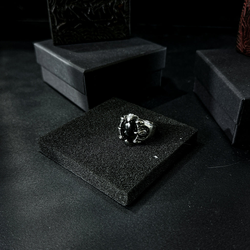 Yuuzo 925 Japan Gothic Dark Obsidian Ring • Vintage Engraved Large Stone Art Band for Men & Women