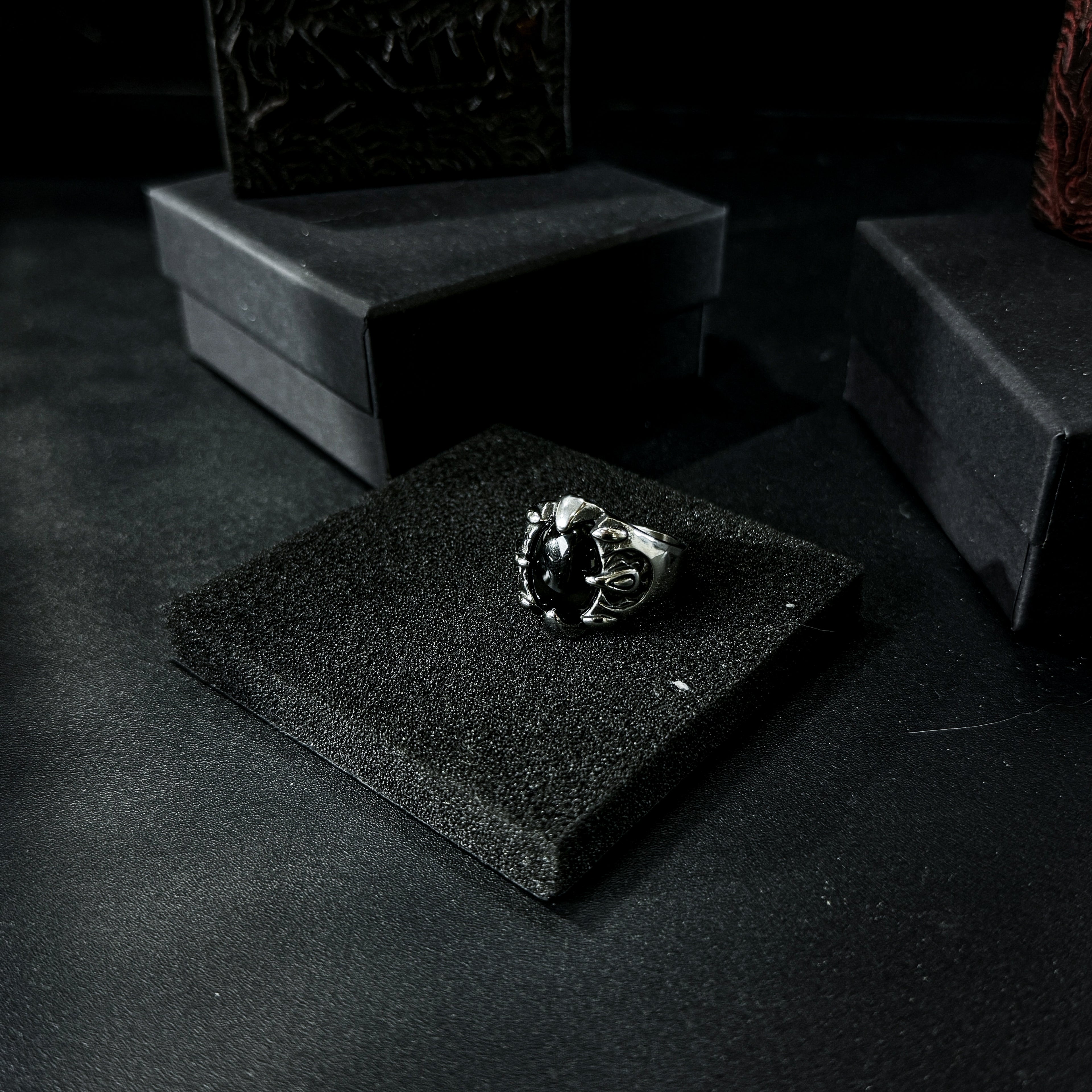 Yuuzo 925 Japan Gothic Dark Obsidian Ring • Vintage Engraved Large Stone Art Band for Men & Women