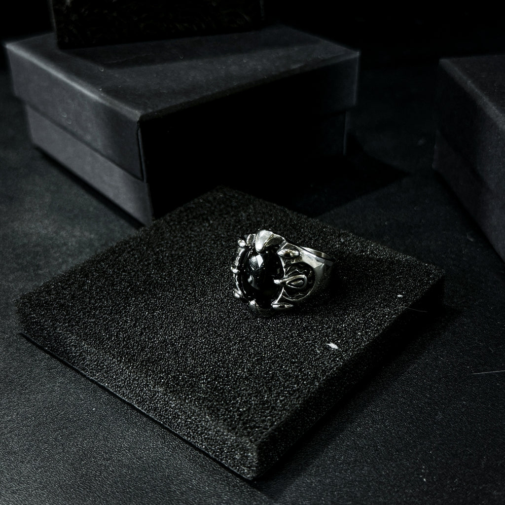 Yuuzo 925 Japan Gothic Dark Obsidian Ring • Vintage Engraved Large Stone Art Band for Men & Women
