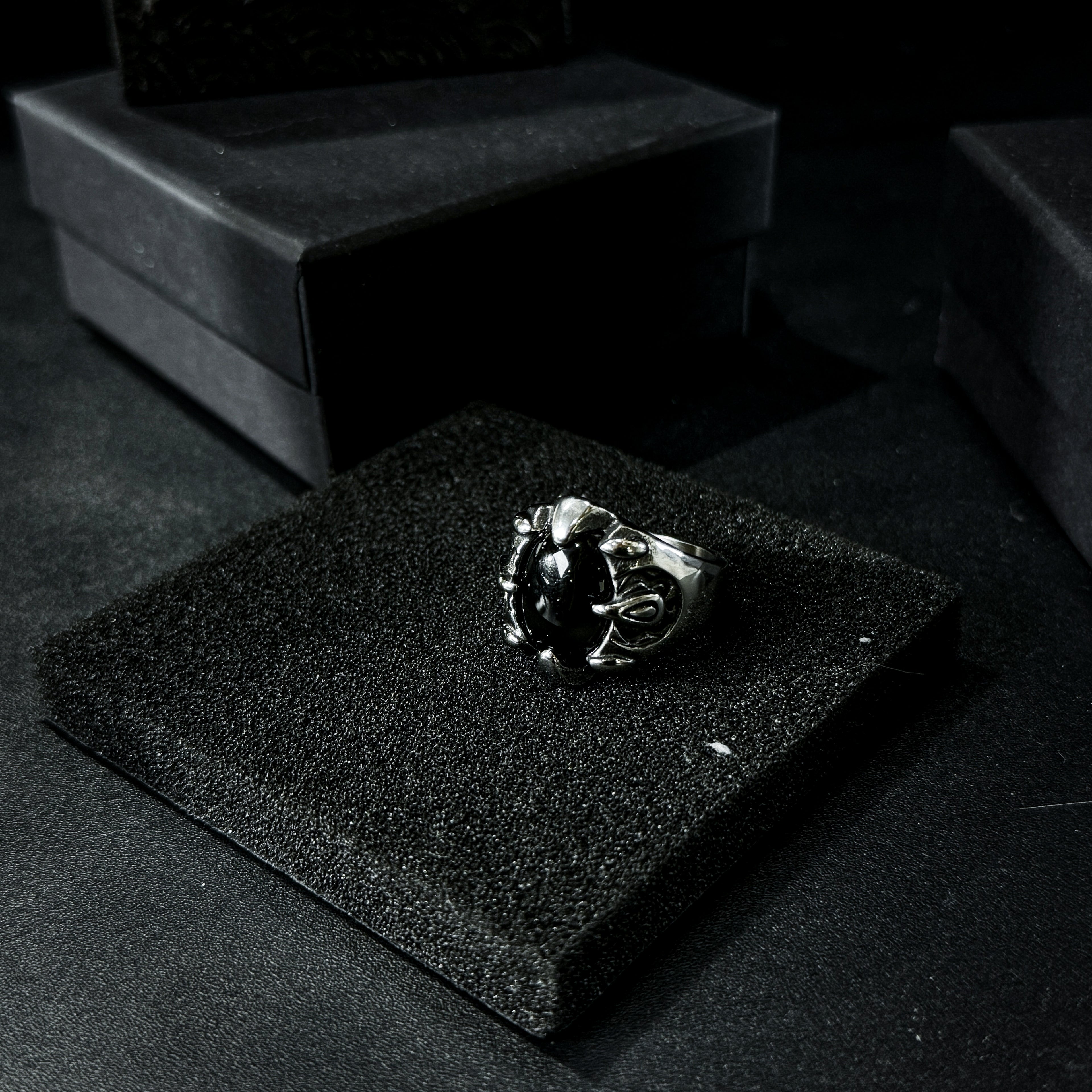 Yuuzo 925 Japan Gothic Dark Obsidian Ring • Vintage Engraved Large Stone Art Band for Men & Women